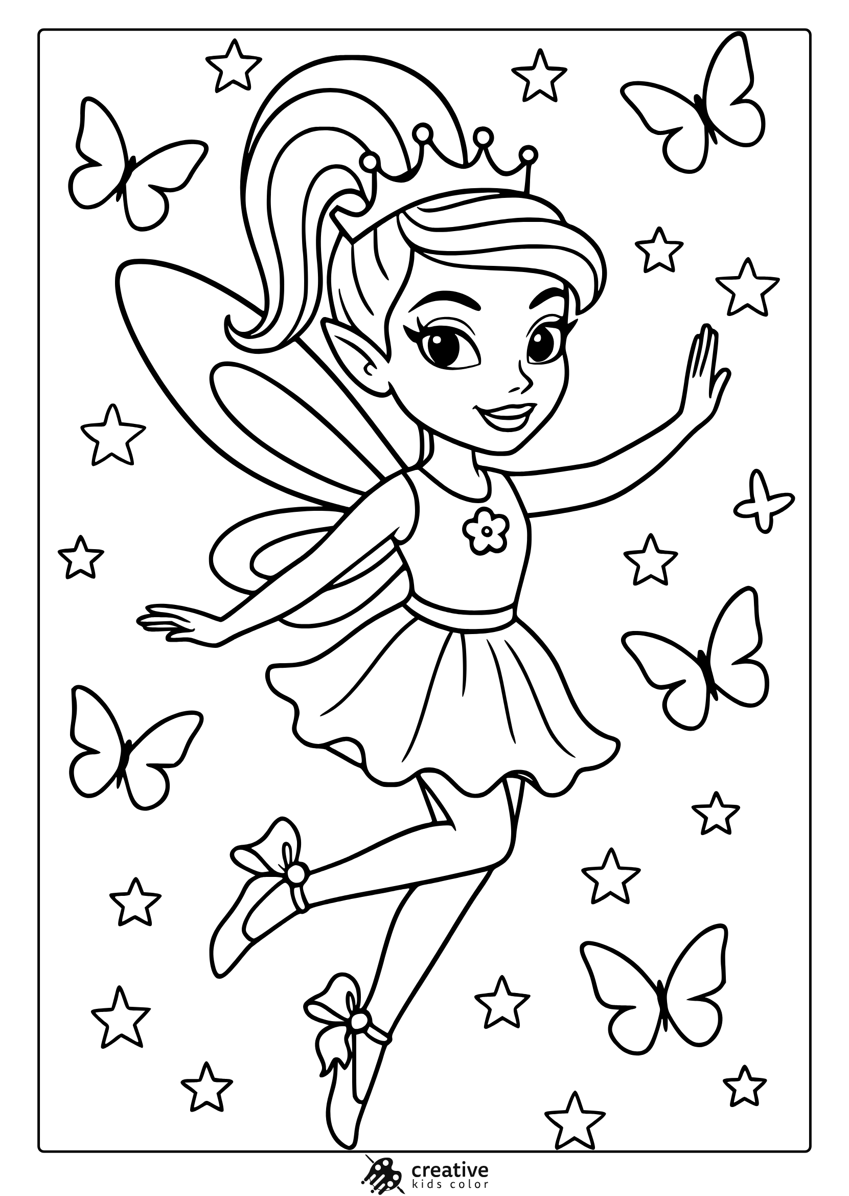 Fairy Princess Coloring Page With Crown, Butterflies, And Dancing Pose.