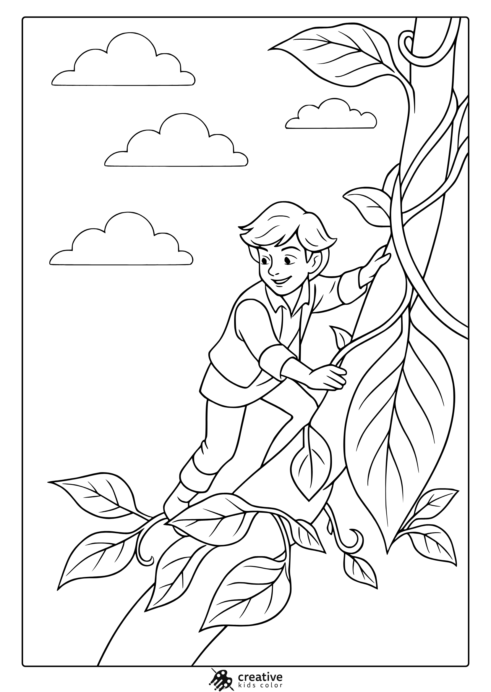 Fairy Tale Jack And The Beanstalk Coloring Page With Climbing Boy And Big Vine.