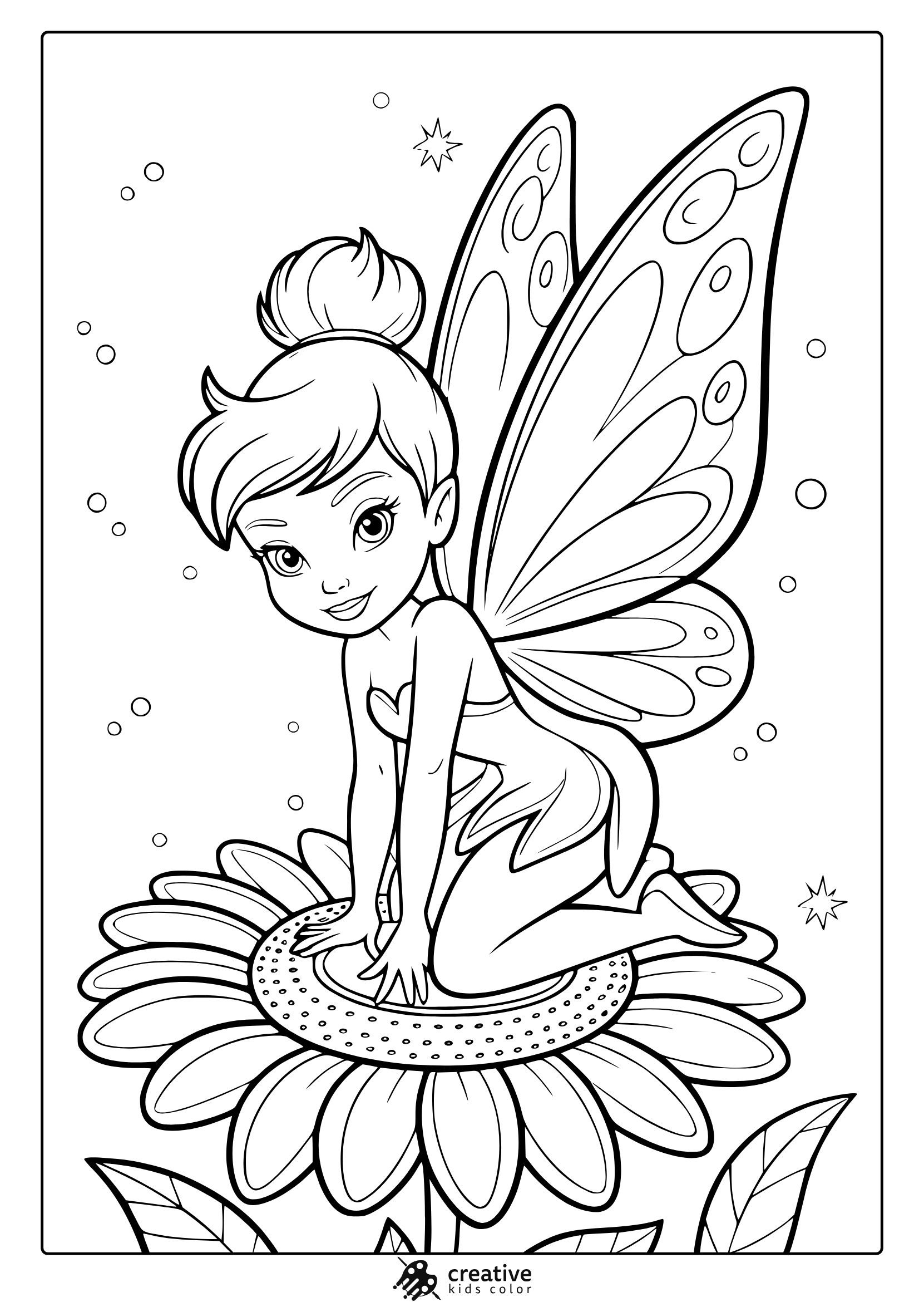 Fairy Tinkerbell Coloring Page On Sunflower With Wings, Dots, And Magical Background.