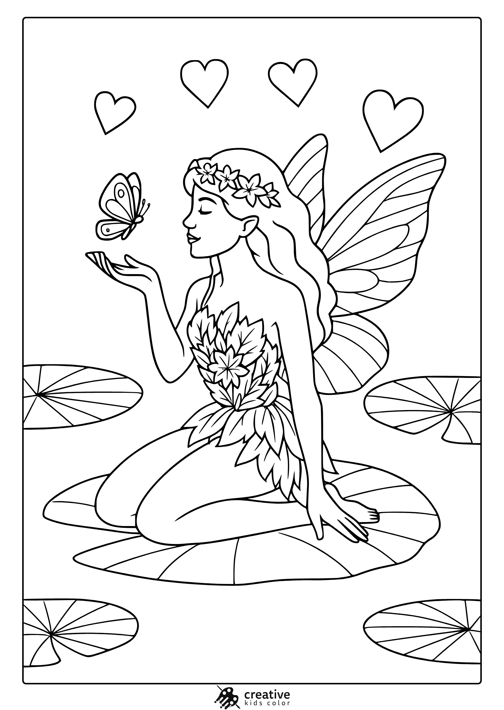 Fairy With Butterfly Coloring Page Sitting On Lily Pad With Floating Hearts.