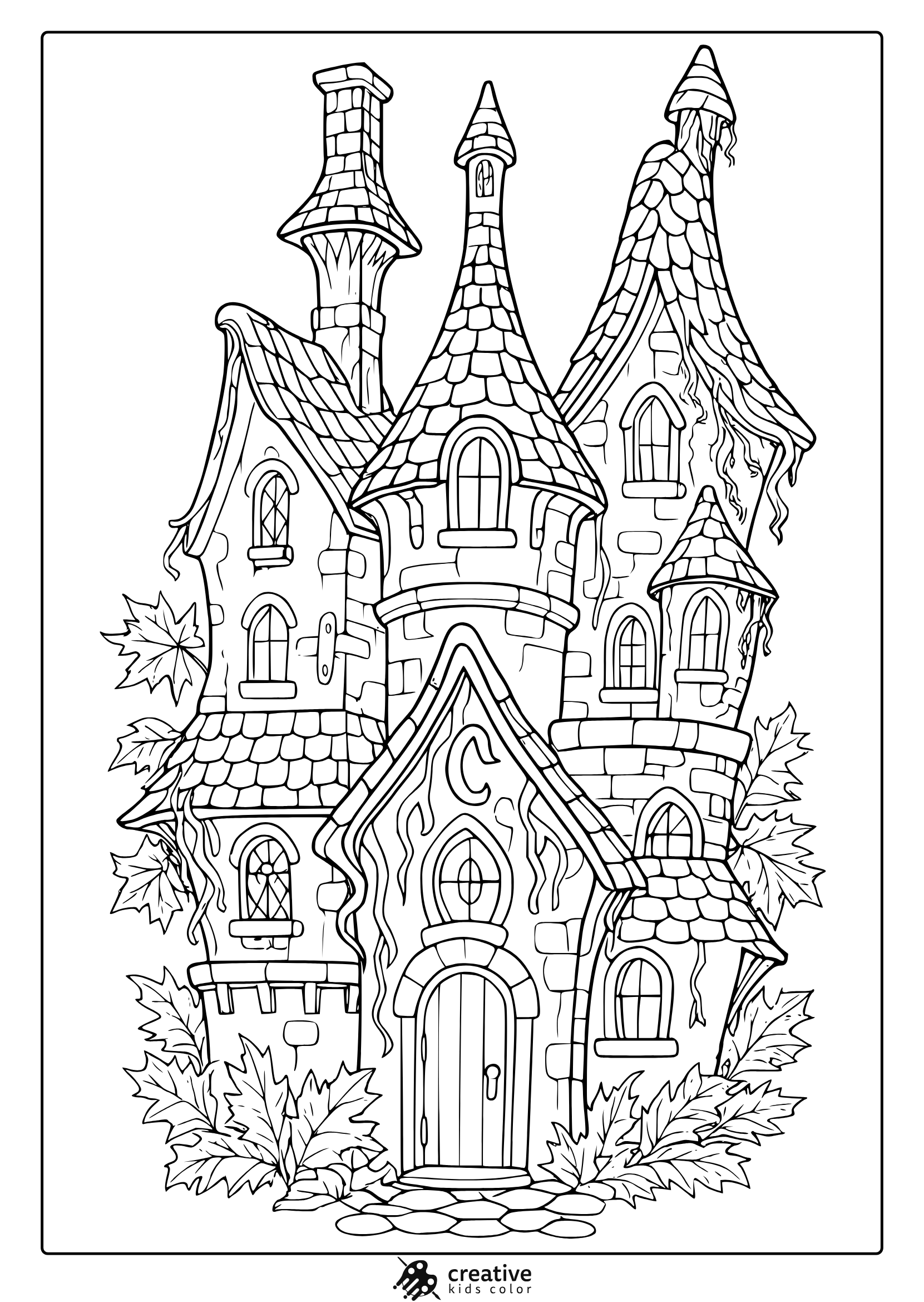 Fairytale Castle Coloring Page With Towers, Windows, And Detailed Stone Texture.