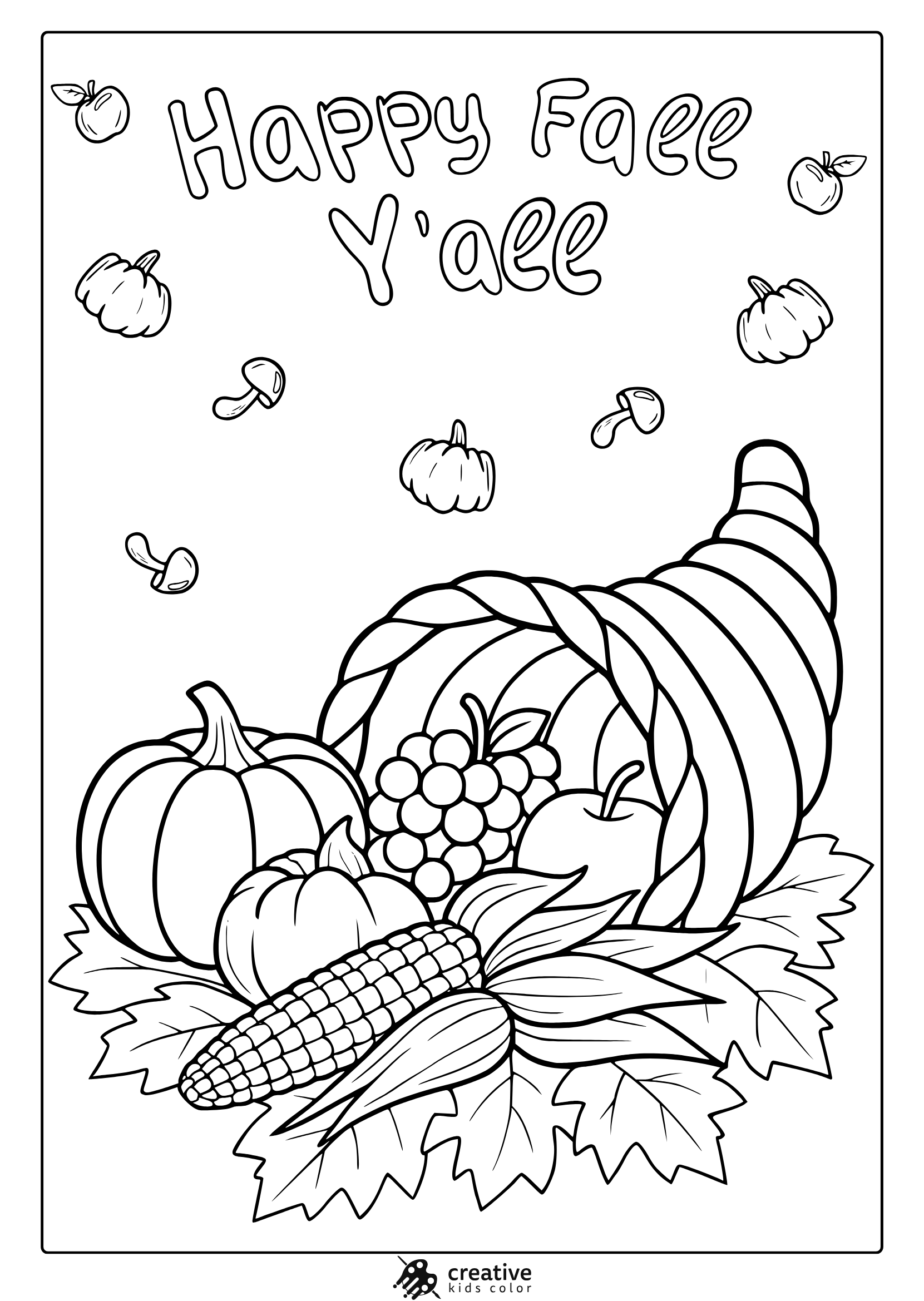 Cornucopia With Pumpkins, Apples, Grapes, And Corn In A Festive Fall Coloring Page.