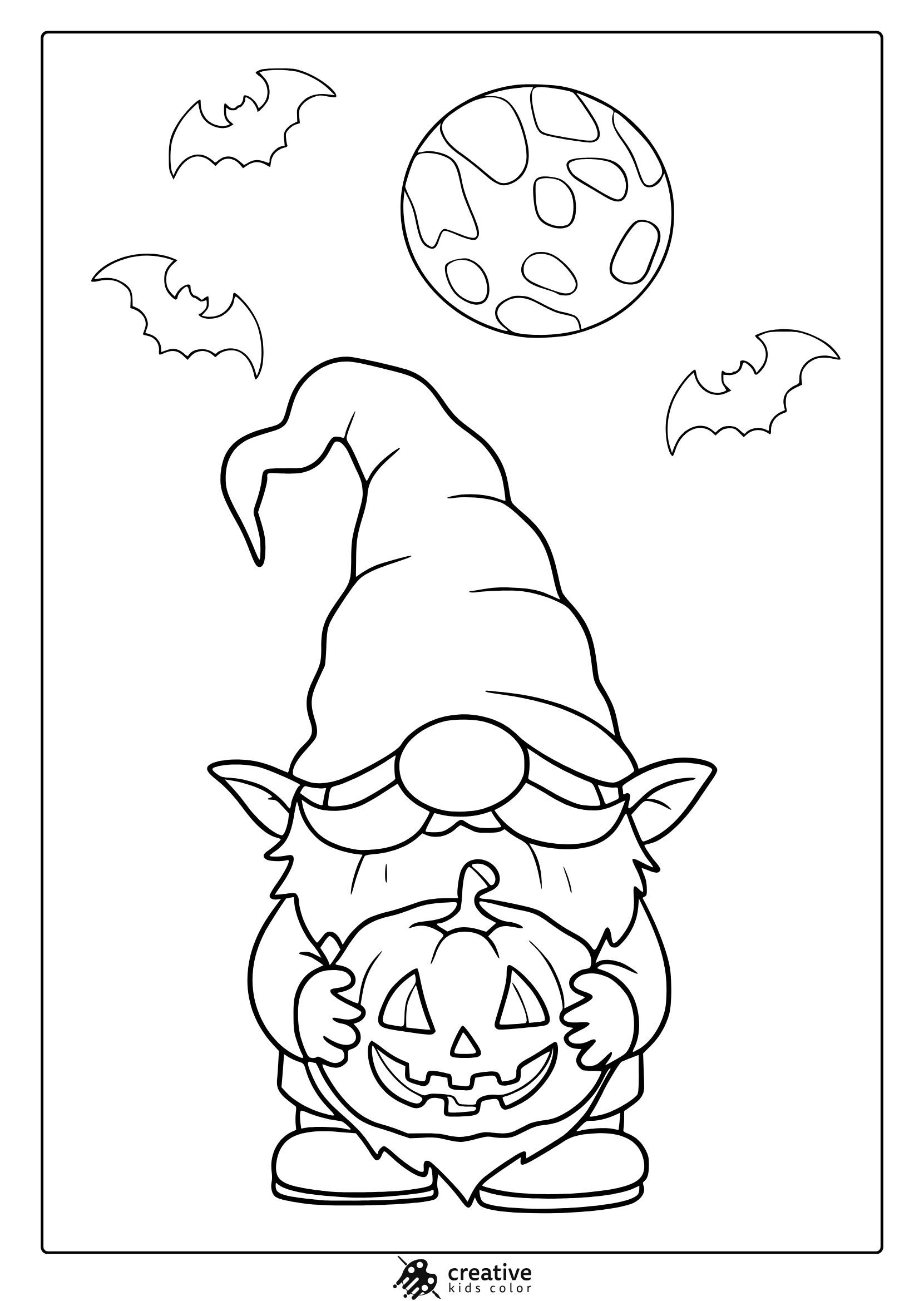 Halloween Gnome With Pointed Hat Holding A Jack O Lantern With Bats And Moon In A Coloring Page.