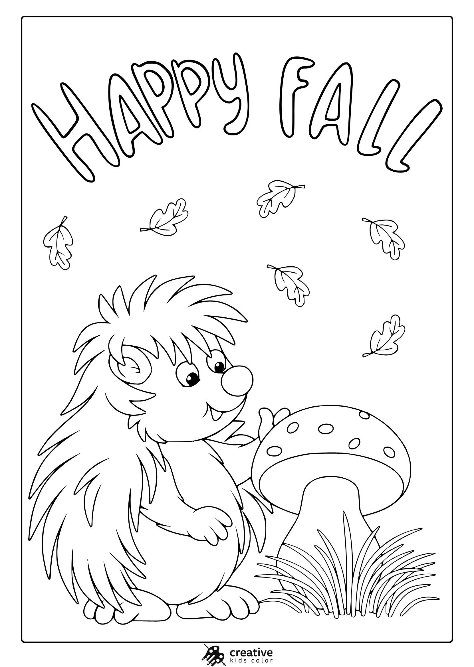 Cartoon Hedgehog Next To Spotted Mushroom With Oak Leaves In A Fall Themed Coloring Page.