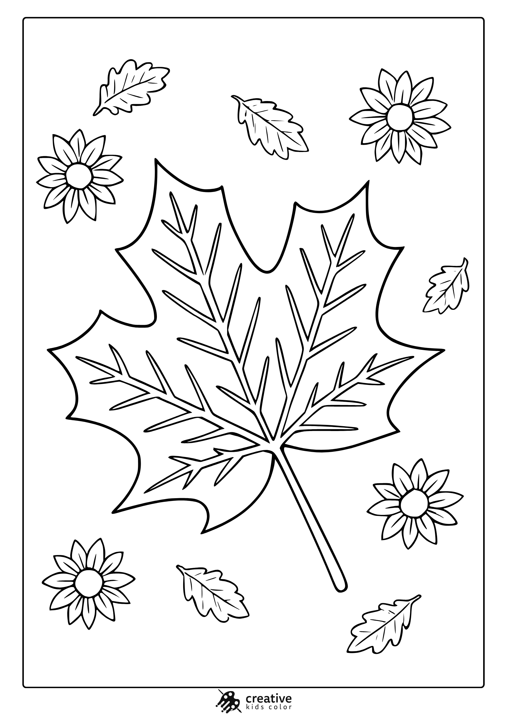 Large Maple Leaf With Small Sunflowers And Autumn Leaves In A Fall Themed Coloring Page.