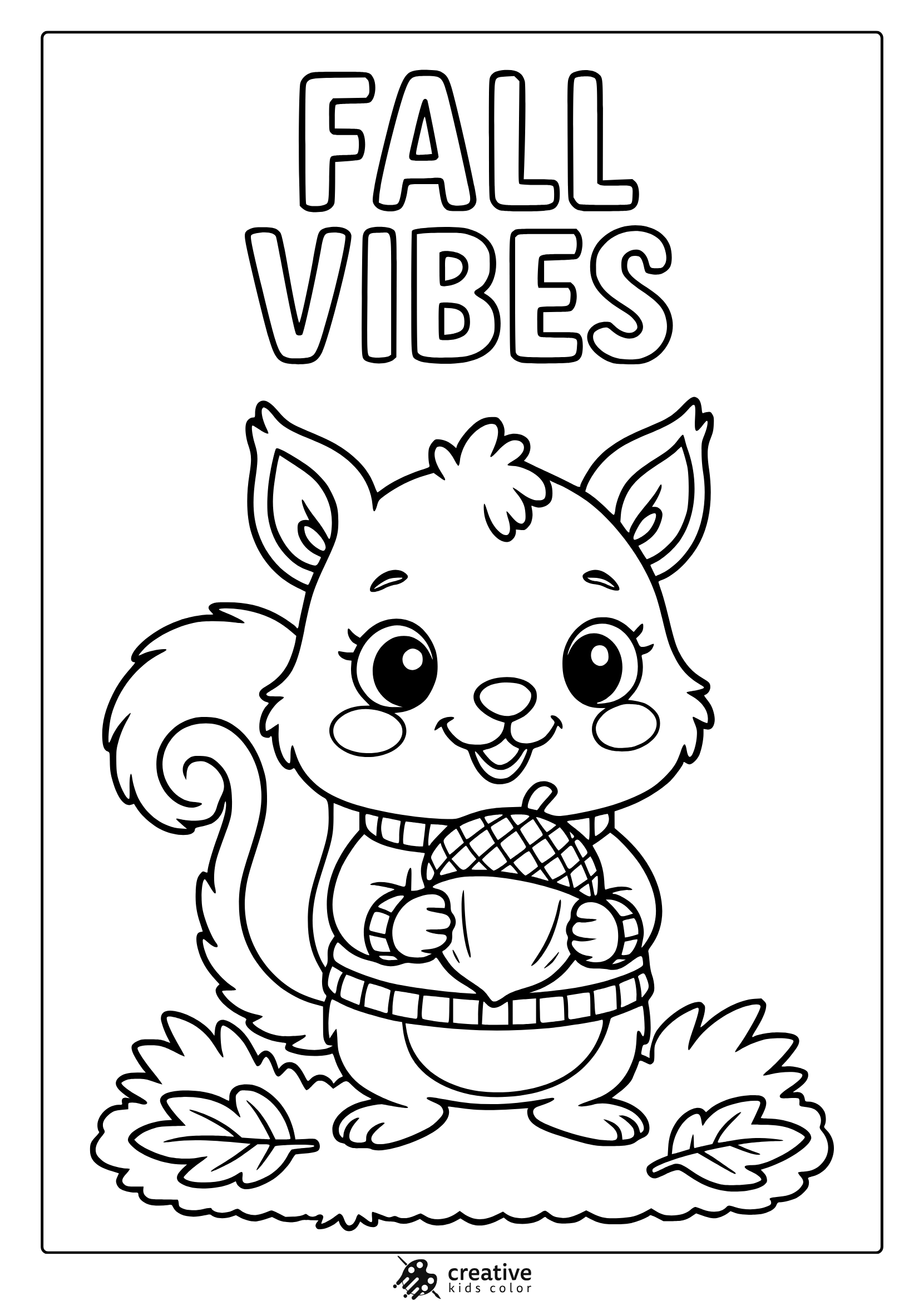 Cartoon Squirrel In A Sweater Holding An Acorn With Leaves In A Fall Vibes Coloring Page.