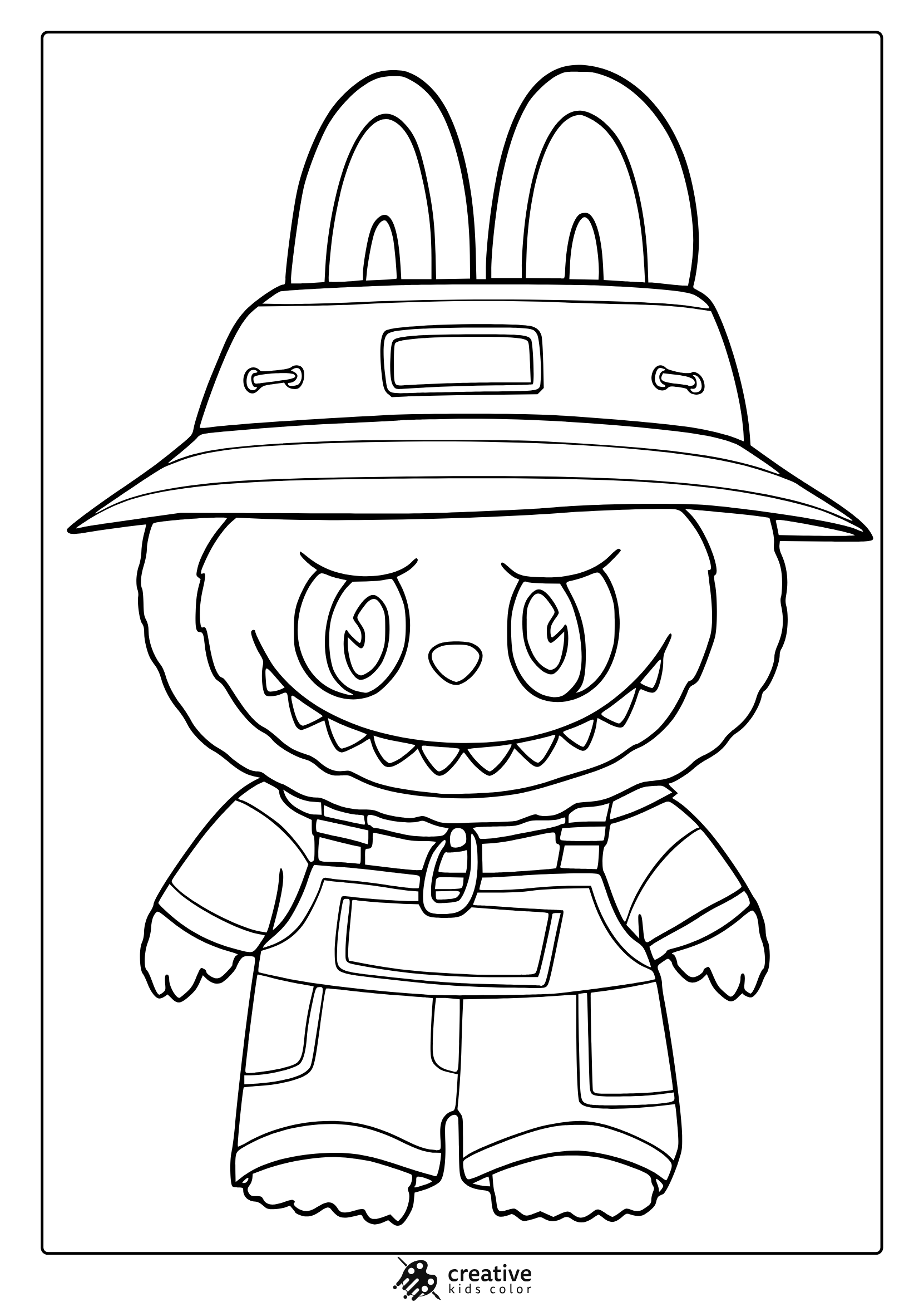 Labubu Wearing A Hat And Farmer Outfit With Confident Smile In This Coloring Page.
