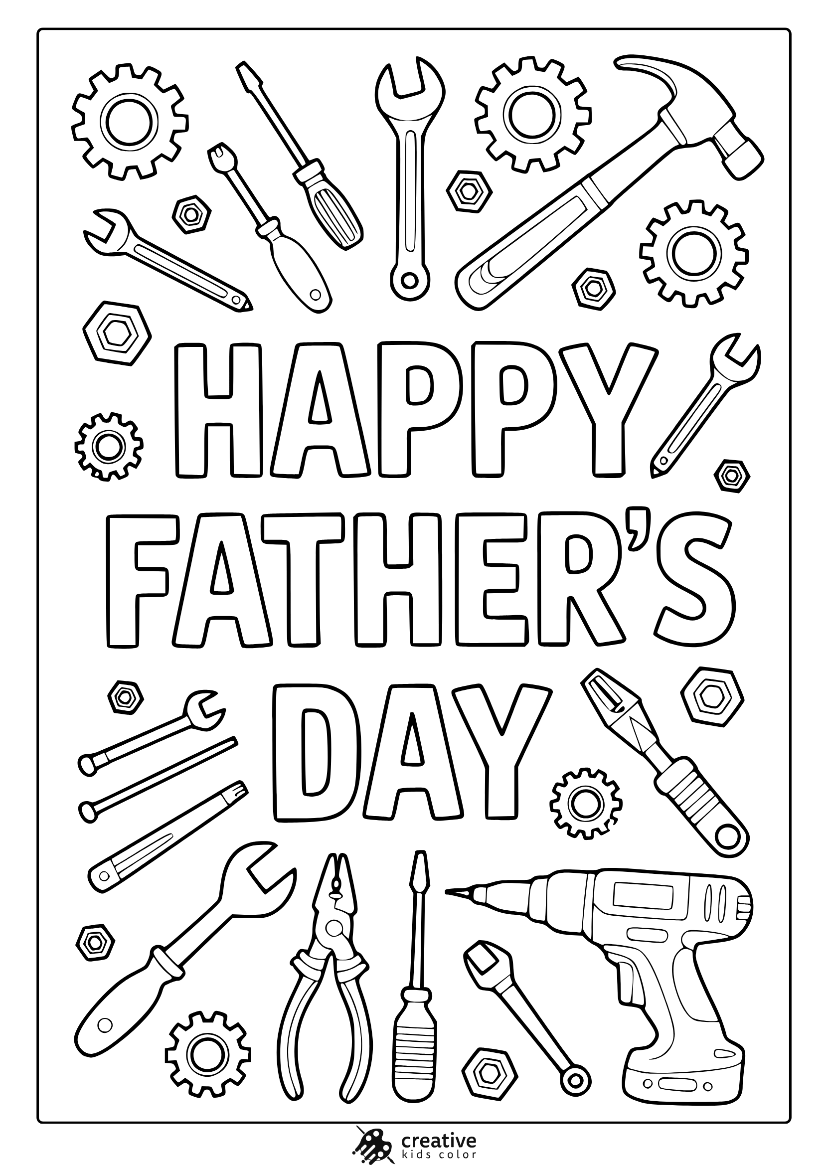 Father’s Day Coloring Page With Tools, Gears, And &Quot;Happy Father’s Day&Quot; In A Mechanical Theme.