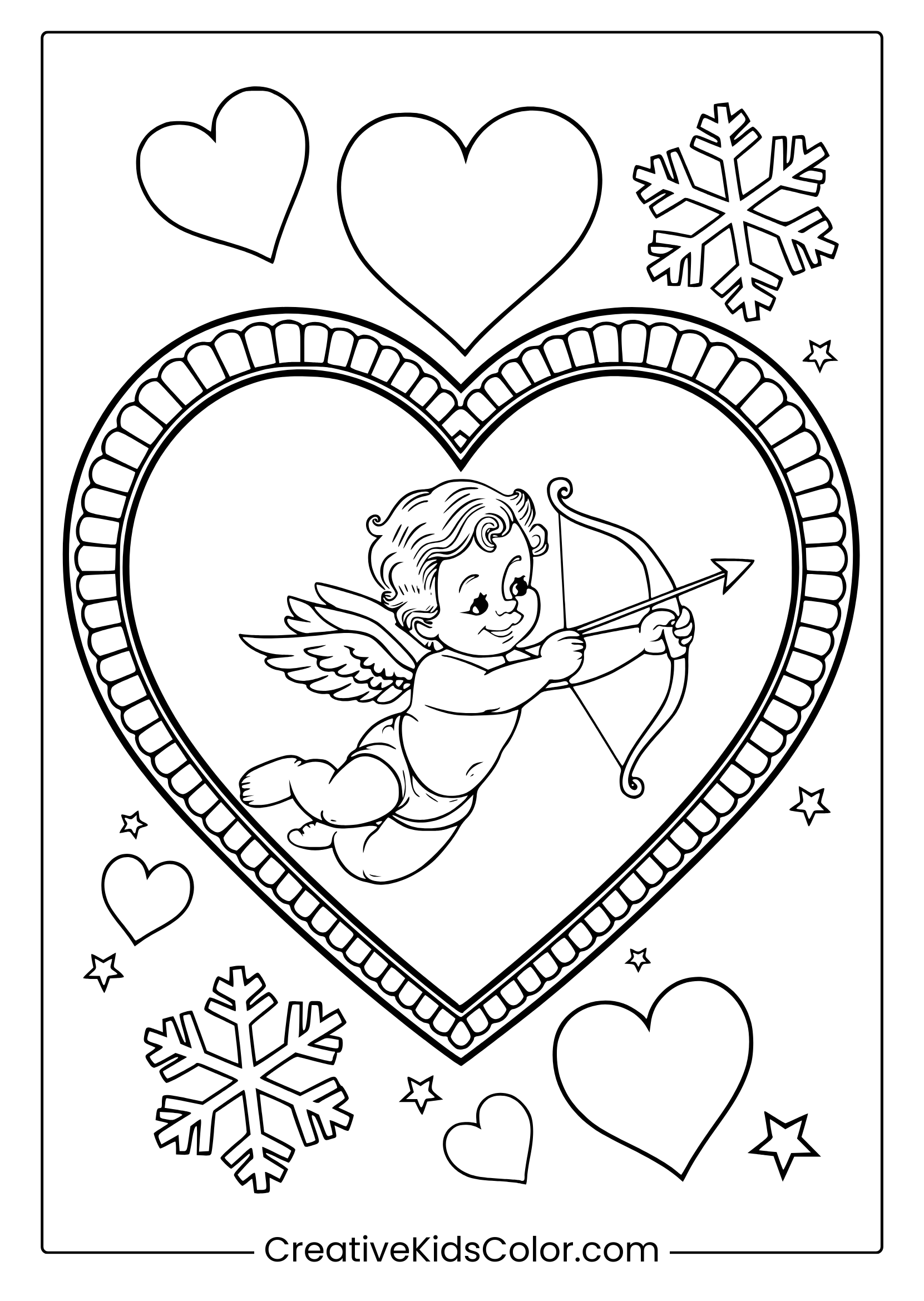 A Heart-Shaped Frame With A Flying Cherub, Perfect For A Valentine'S Day Coloring Page.