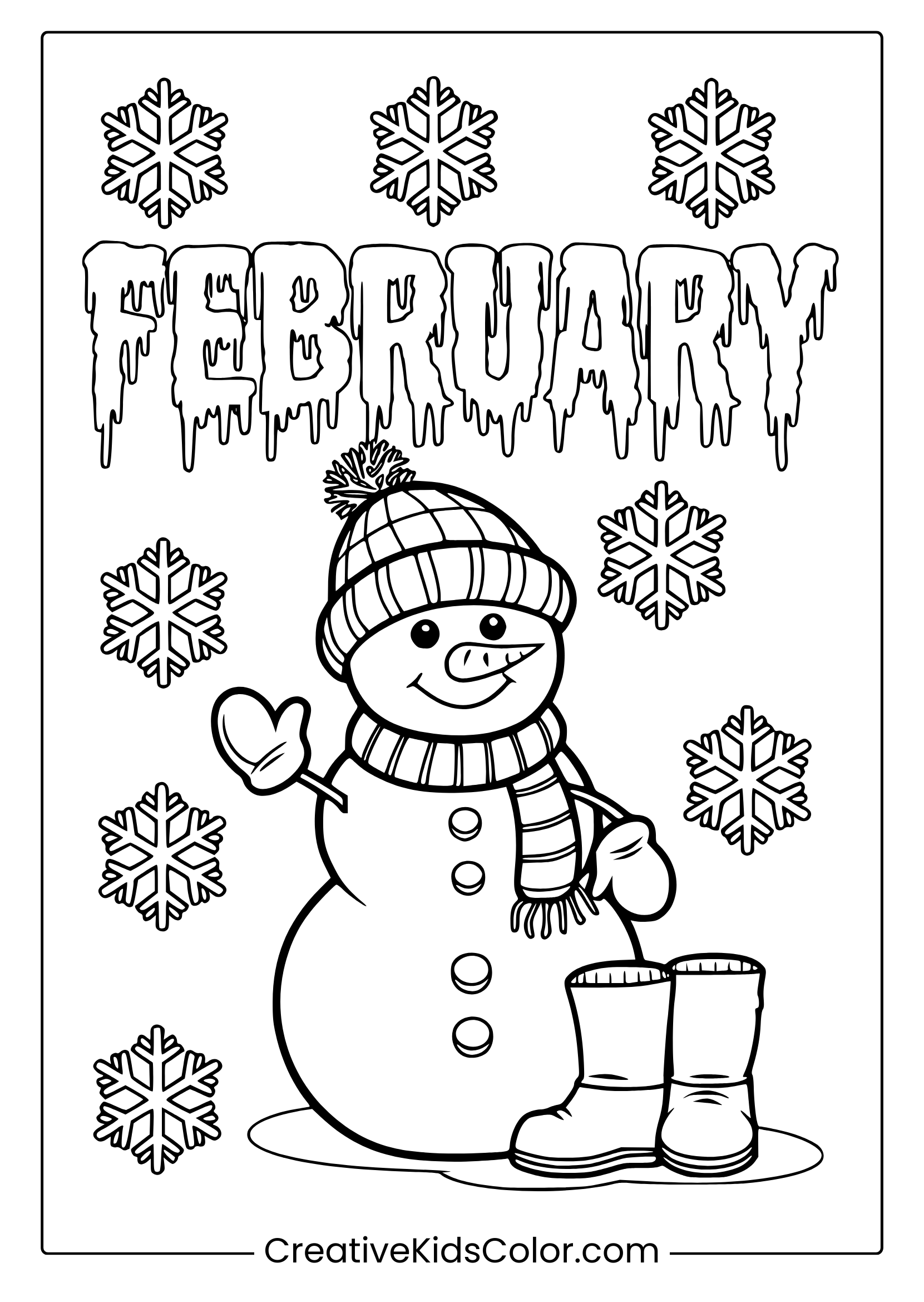A Cheerful Snowman Surrounded By Snowflakes, Ideal For A February Coloring Adventure.