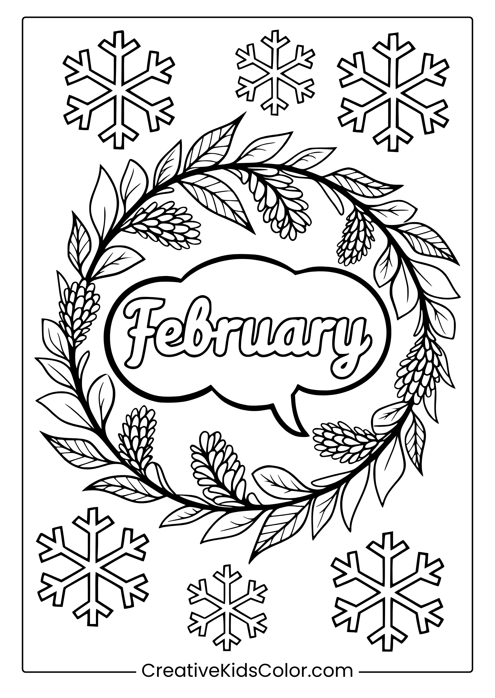 An Adult-Friendly February Coloring Page With A Wreath And Symmetrical Snowflakes.
