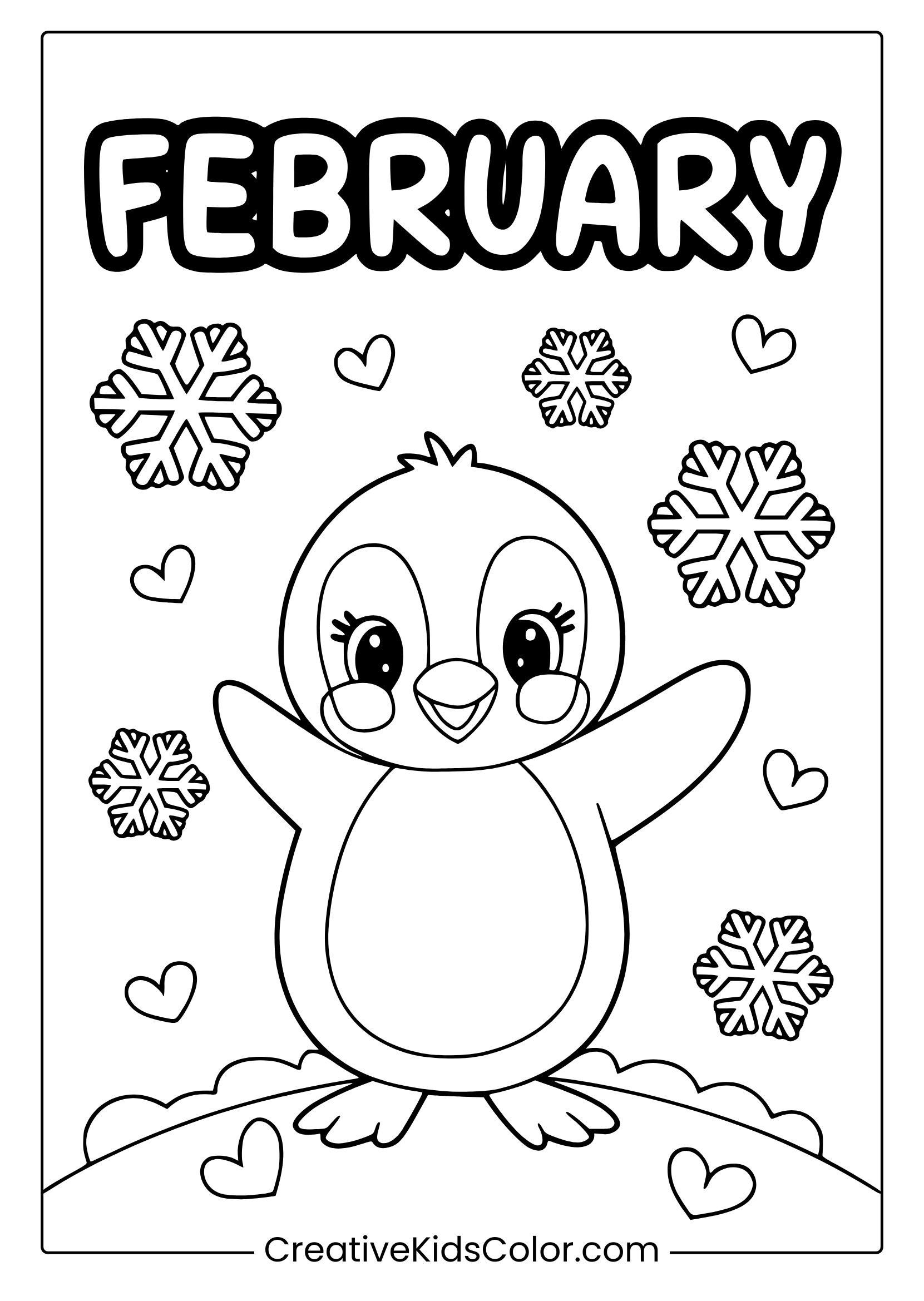 A Penguin Coloring Page With Snowflakes And Hearts, Ideal For Celebrating February.