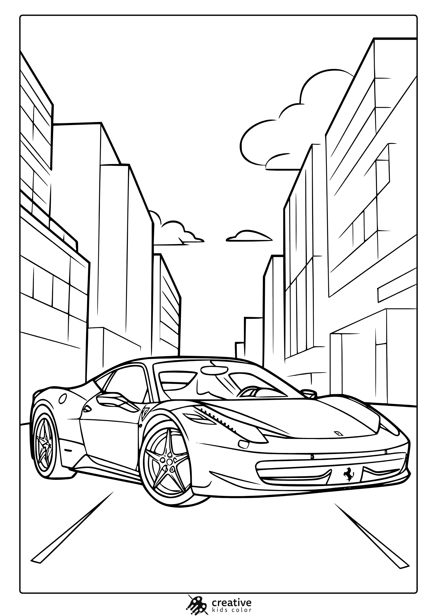 A Ferrari Sports Car In A City Setting With Tall Buildings, An Exciting Ferrari Car Coloring Page.