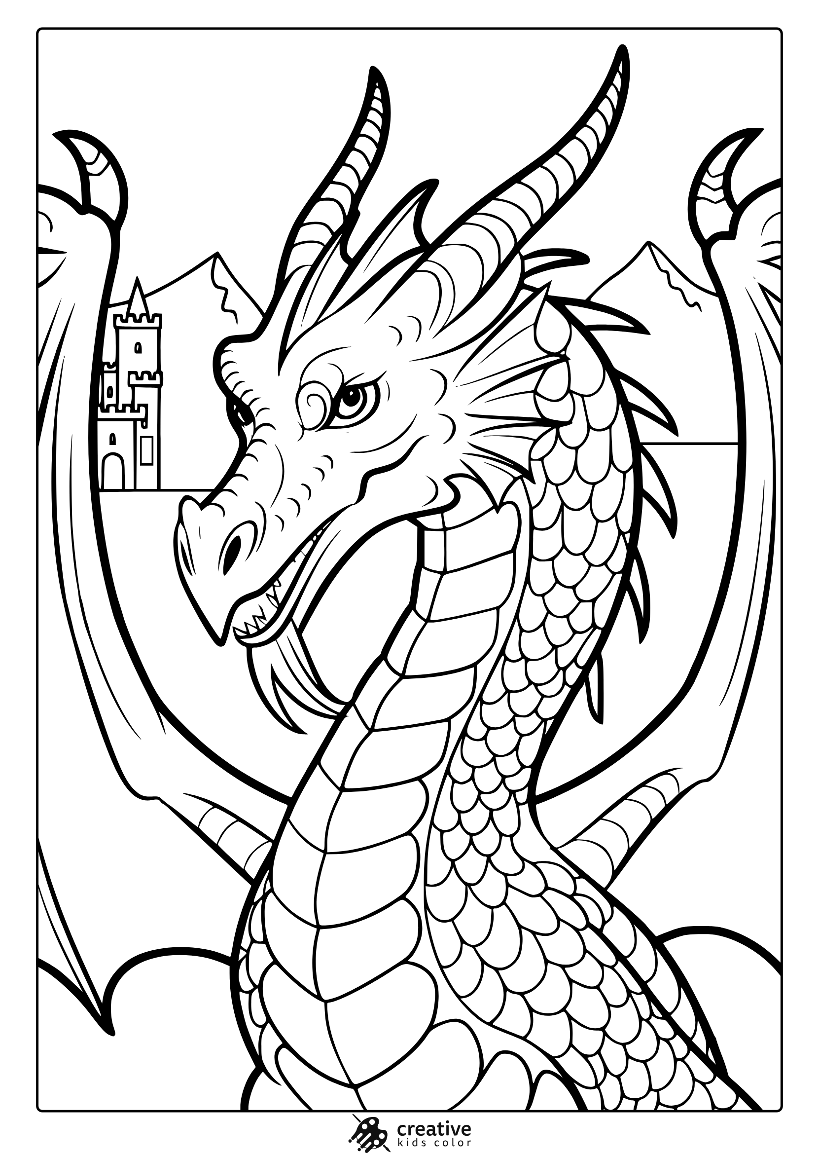 A Fierce-Looking Dragon Coloring Page Featuring A Detailed Dragon With Sharp Horns Flying Over A Fortress.