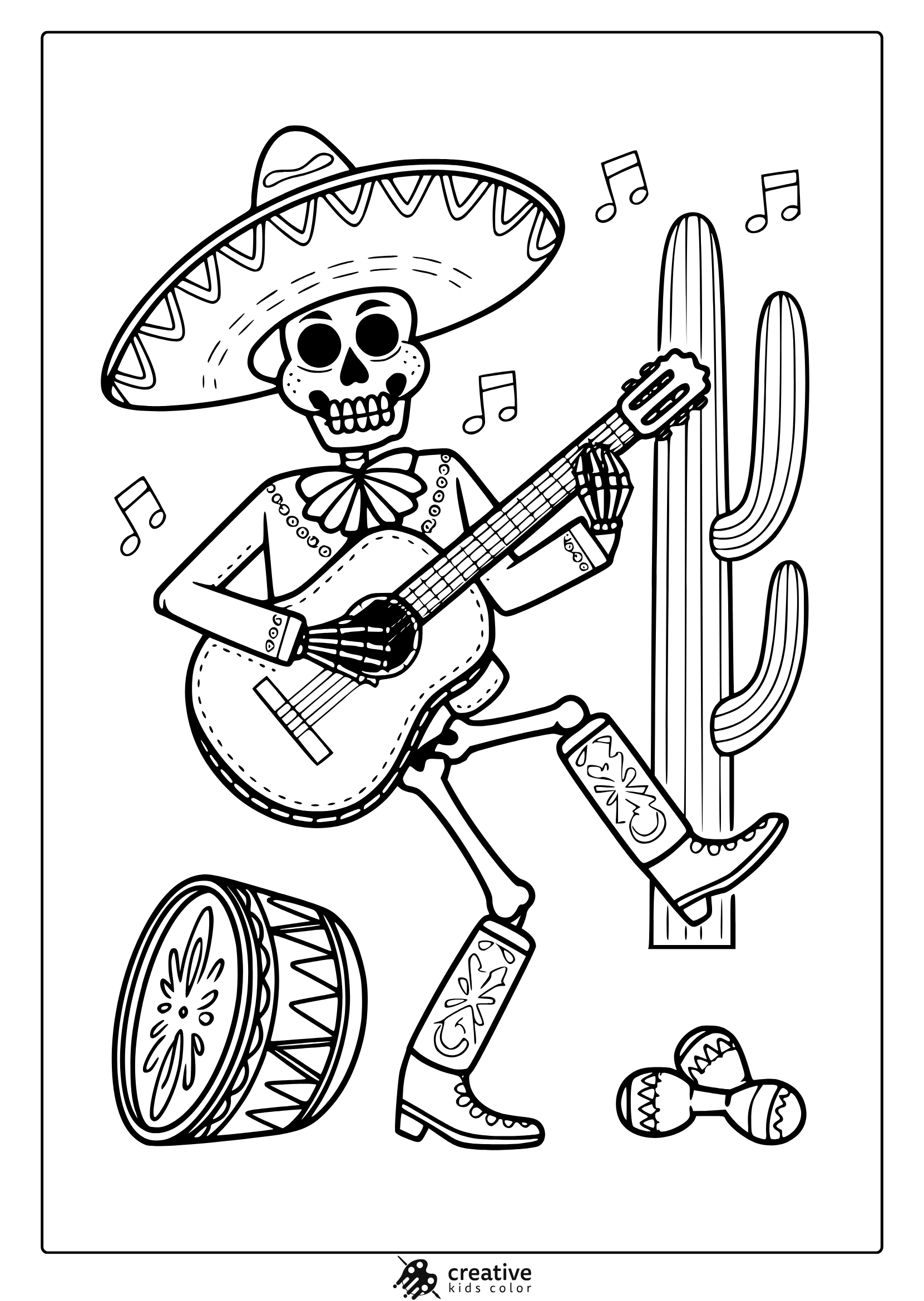 A Fifth Of May Coloring Page Featuring A Mariachi Skeleton In A Sombrero Playing A Guitar, With Musical Notes And A Drum.