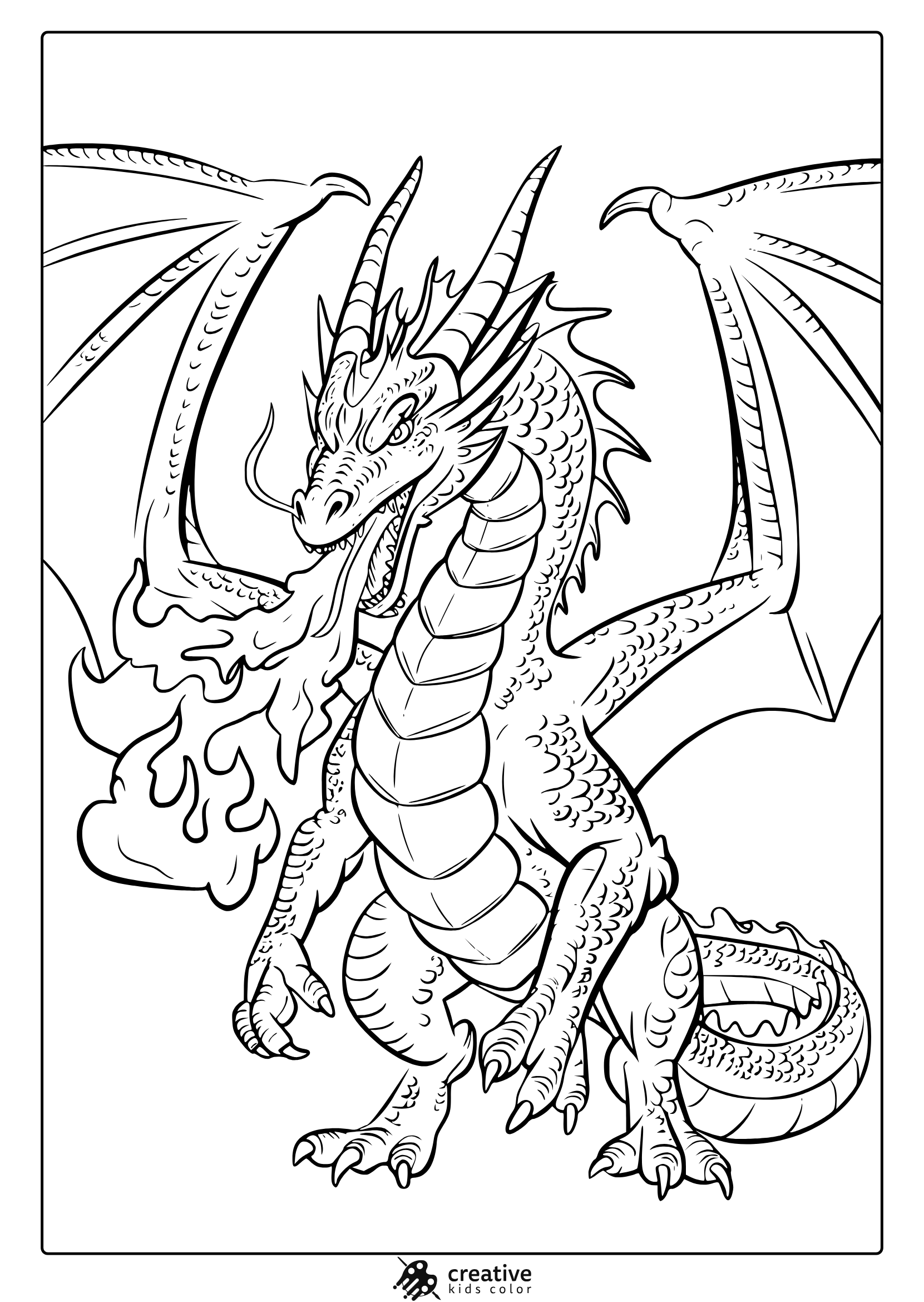 A Fire-Breathing Dragon Coloring Page With A Detailed Dragon Unleashing Flames From Its Mouth In A Dramatic Pose.
