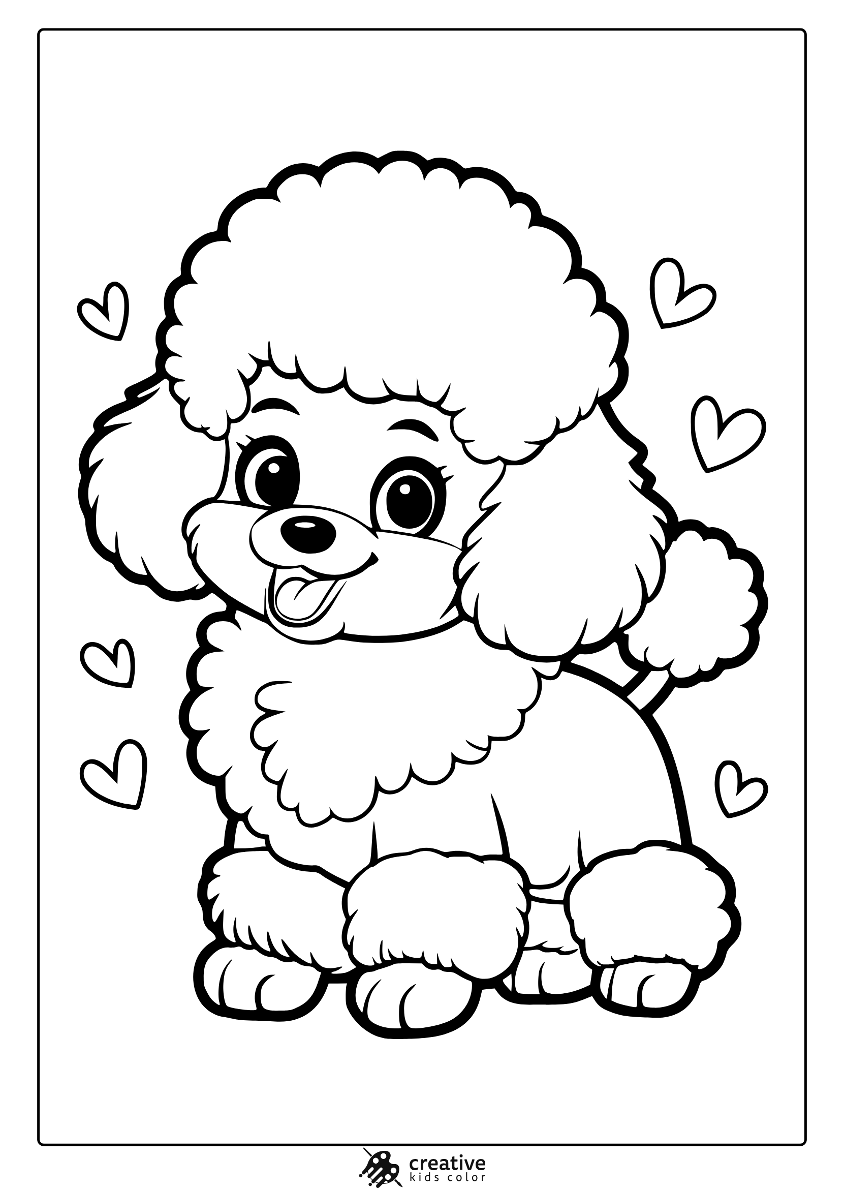 A Curly-Haired Poodle Puppy With Hearts. A Fun And Adorable Poodle Puppy Coloring Page For Dog Lovers.