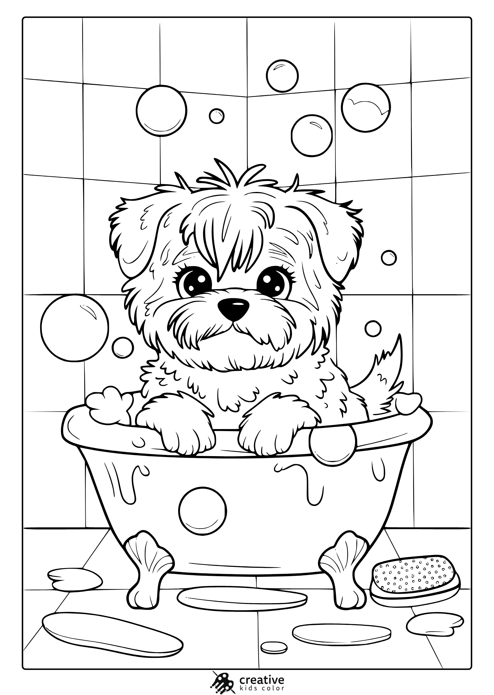 A Fluffy Puppy In A Bathtub With Bubbles. A Fun Bath Time Puppy Coloring Page For Kids.