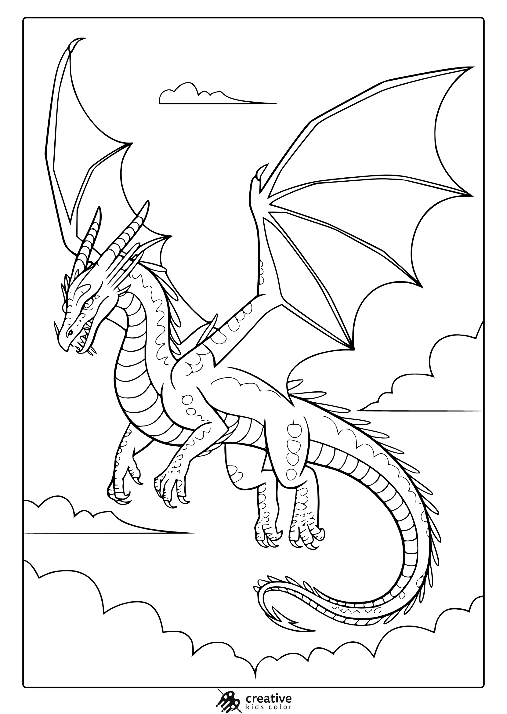 A Flying Dragon Coloring Page Featuring A Majestic Dragon With Large Wings Gliding Through The Clouds.
