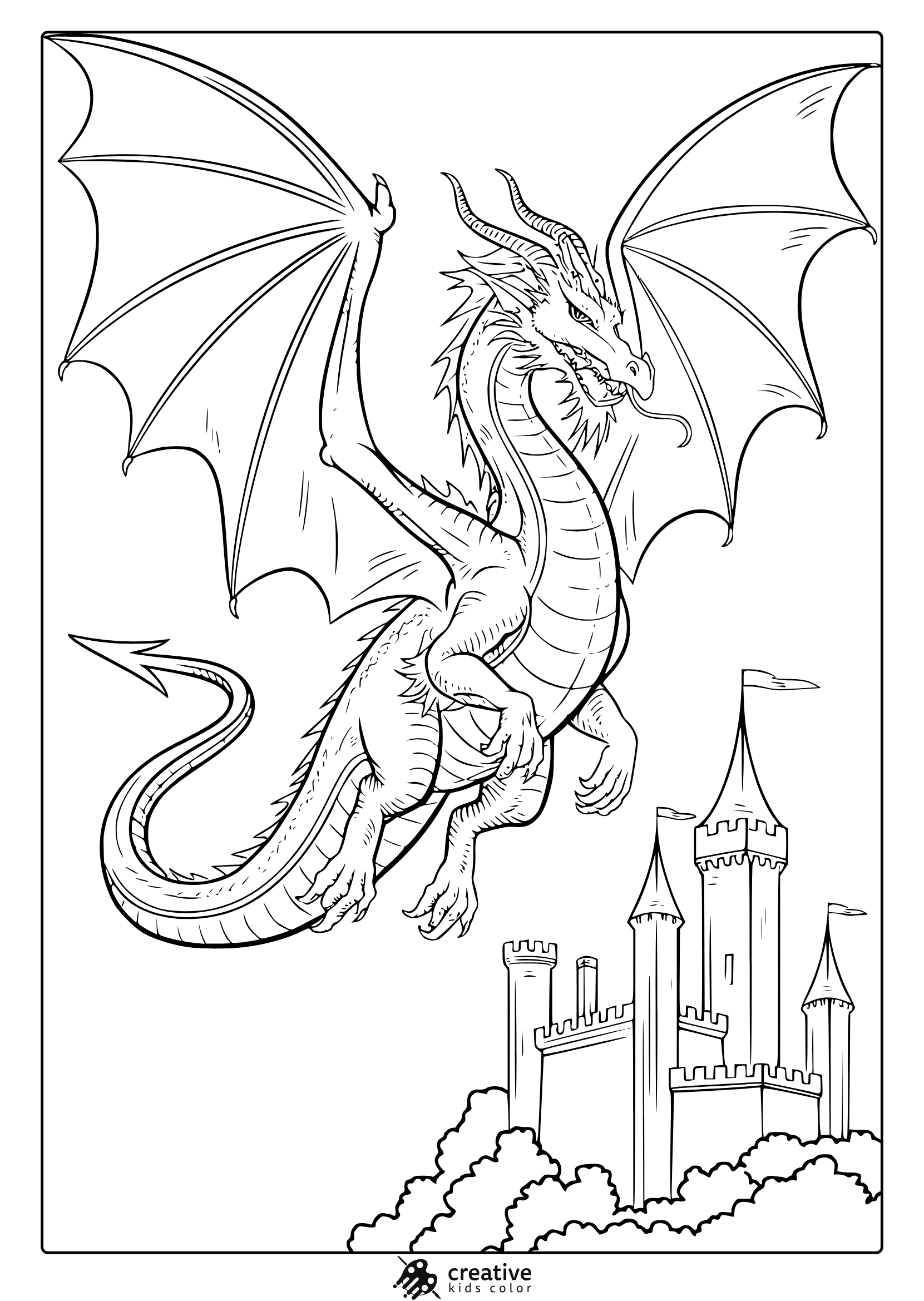 A Dragon Coloring Page With A Flying Dragon Above A Castle, Creating A Dramatic Fantasy Scene.