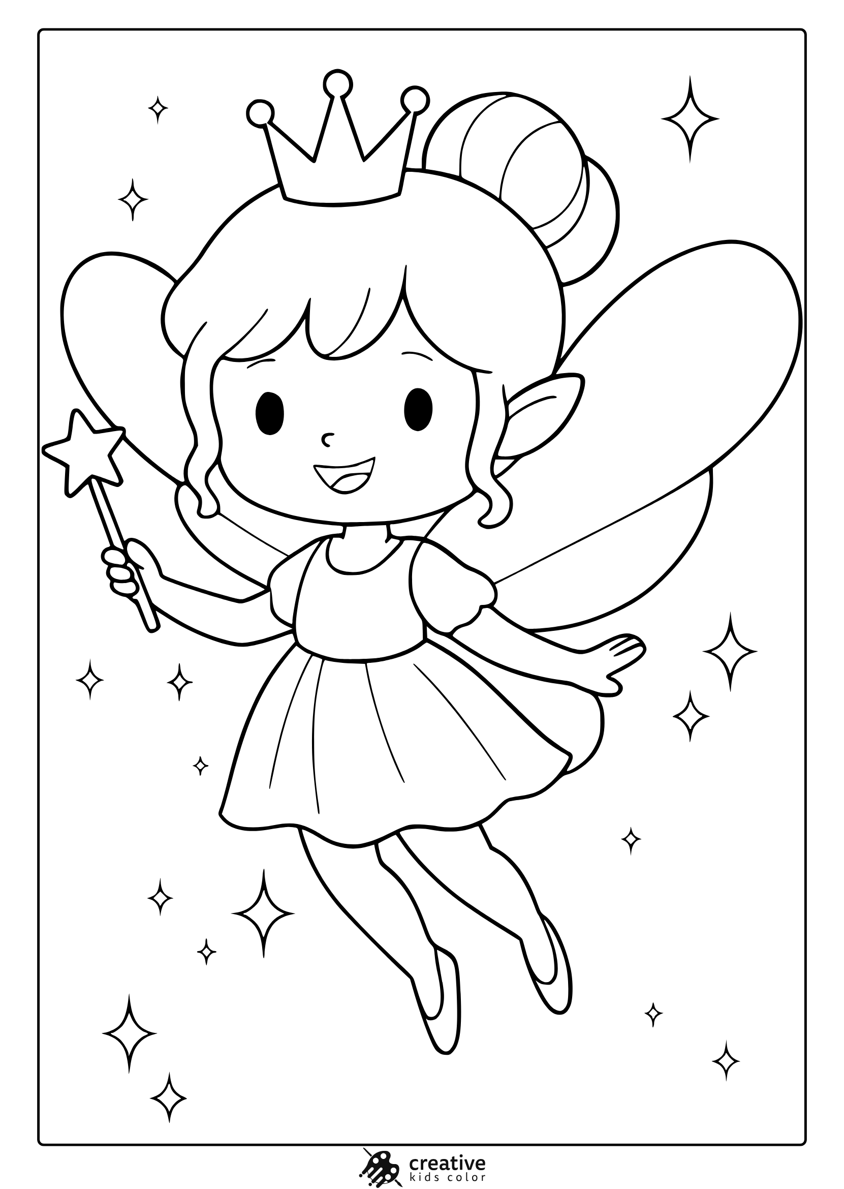 Flying Fairy Coloring Page With Crown, Wand, And Cheerful Magical Style.