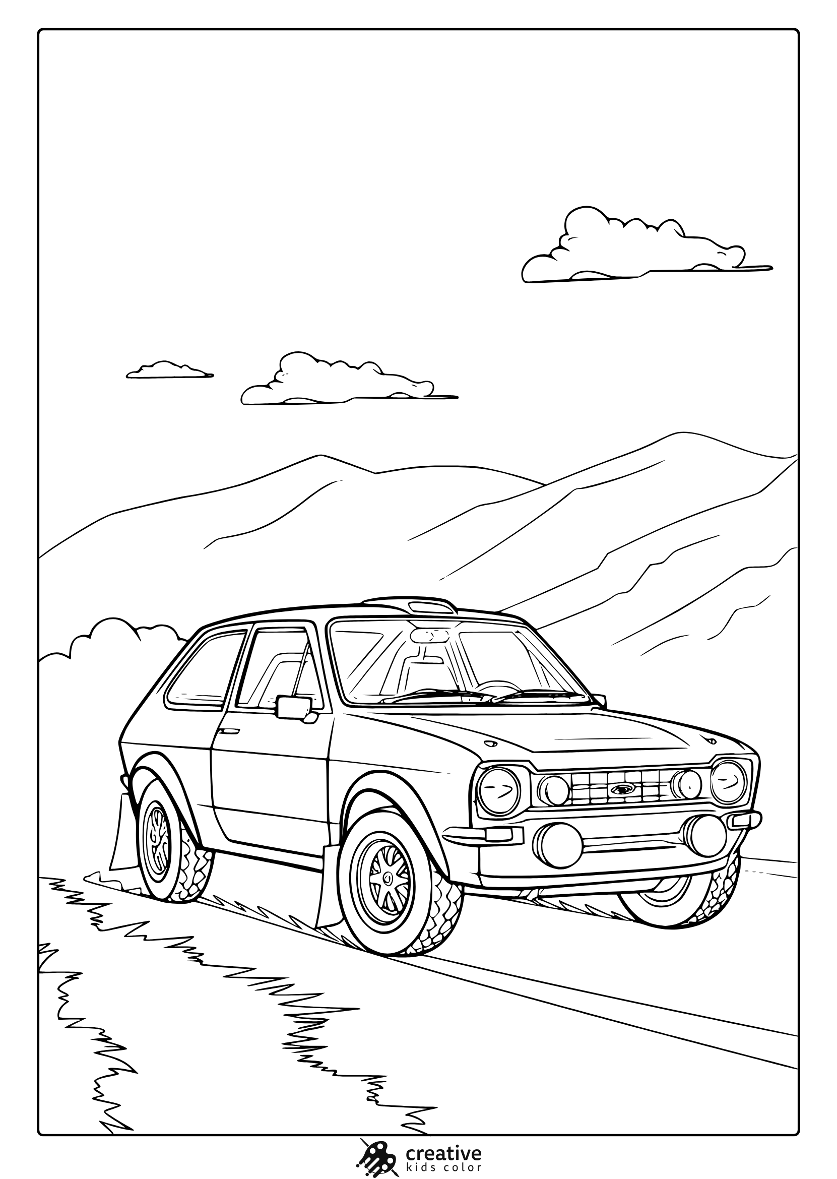 A Ford Rally Car On A Road With Mountains, A Fast-Paced Ford Rally Car Coloring Page.