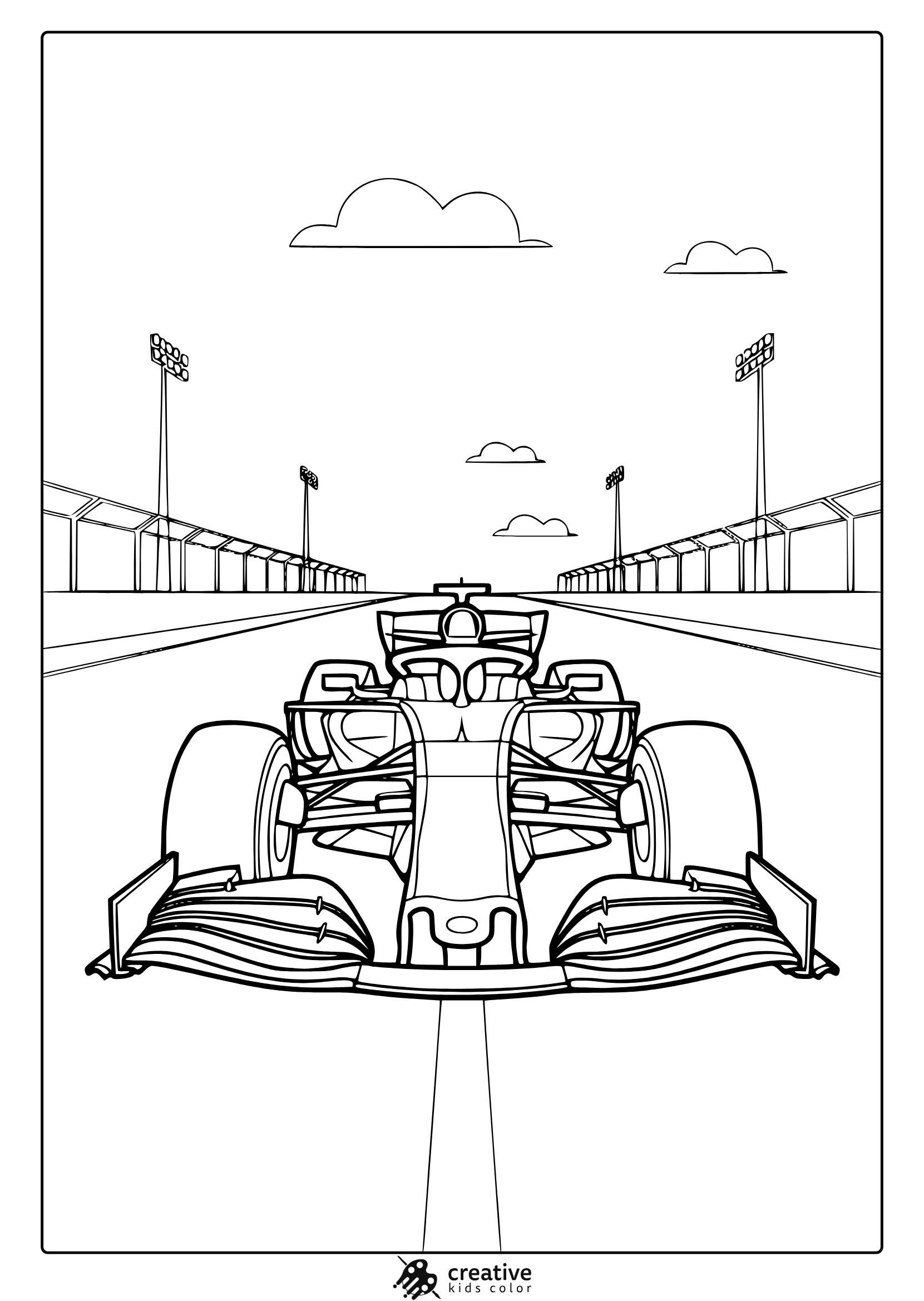 A Formula 1 Race Car On A Track With Floodlights, A Thrilling Formula 1 Car Coloring Page.