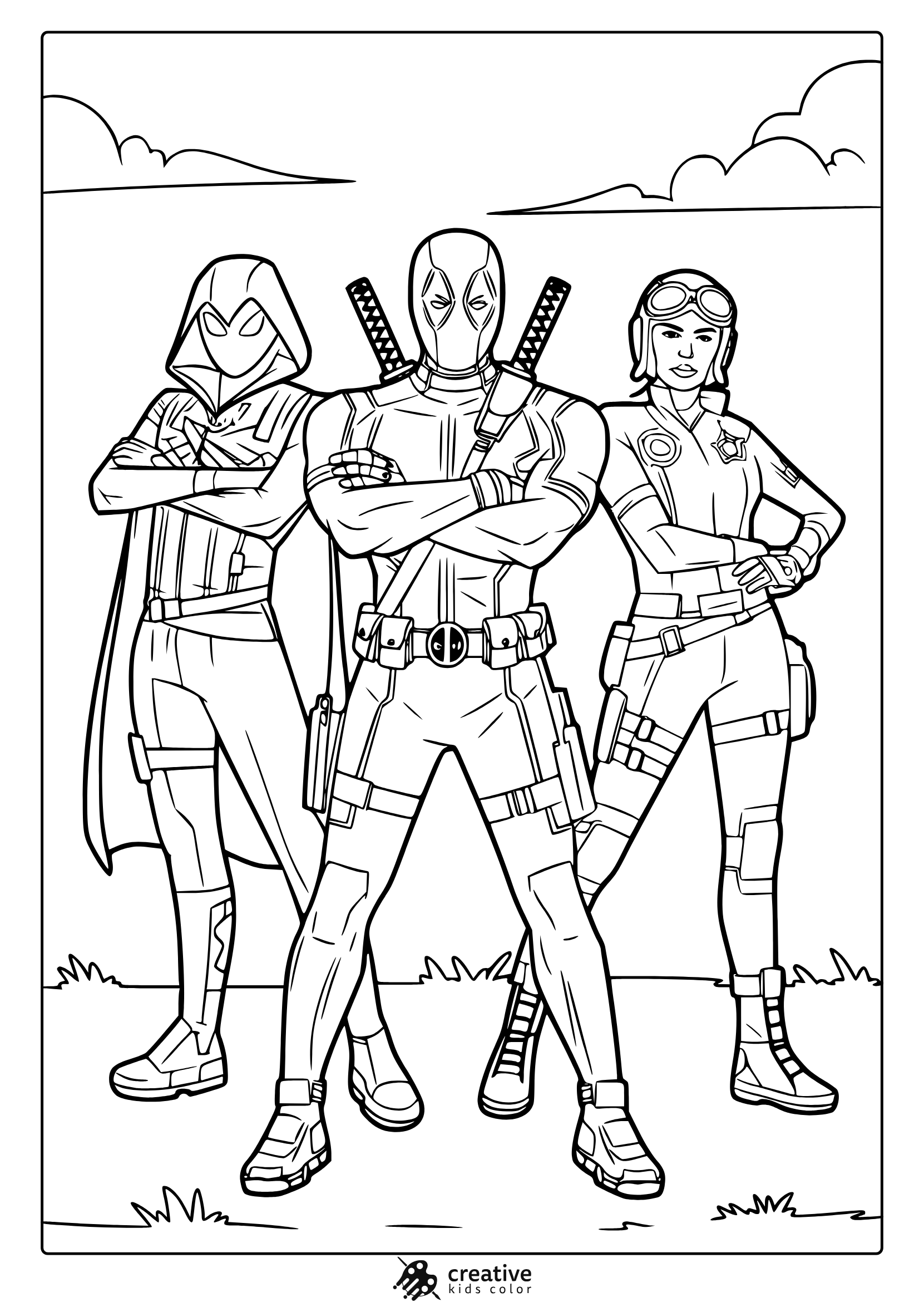 Fortnite Deadpool Coloring Page Featuring Deadpool And Companions In Their Distinctive Outfits, Perfect For Fortnite Fans To Color.