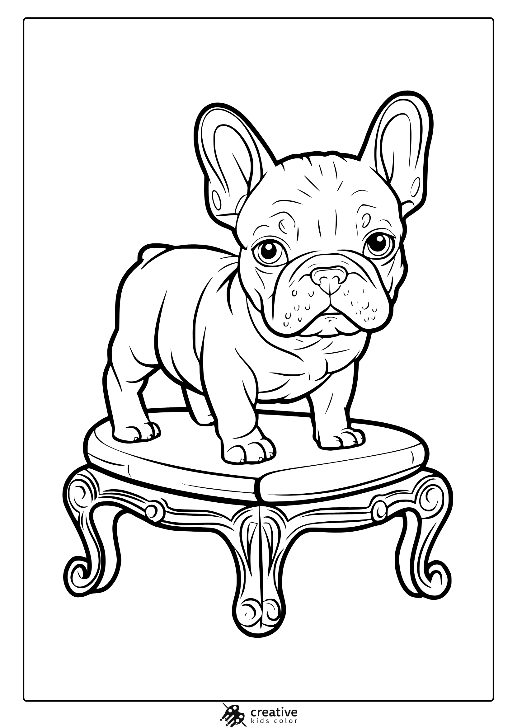 A French Bulldog On A Decorative Stool. A Stylish French Bulldog Puppy Coloring Page For All Ages.