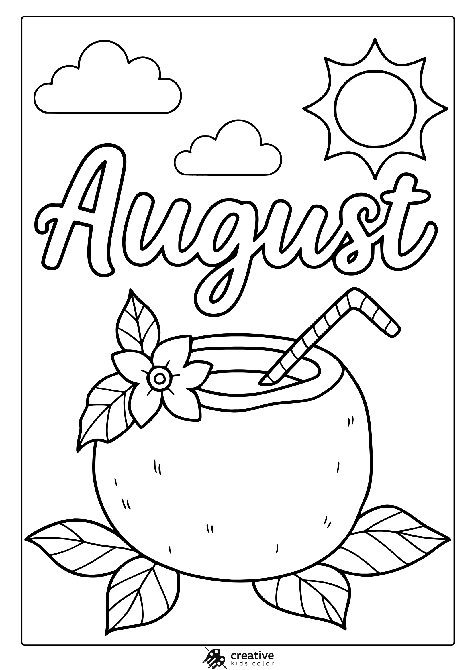 Coloring Page With Coconut Drink, Flowers, Sun, And August Text For A Fun Tropical Summer Activity.