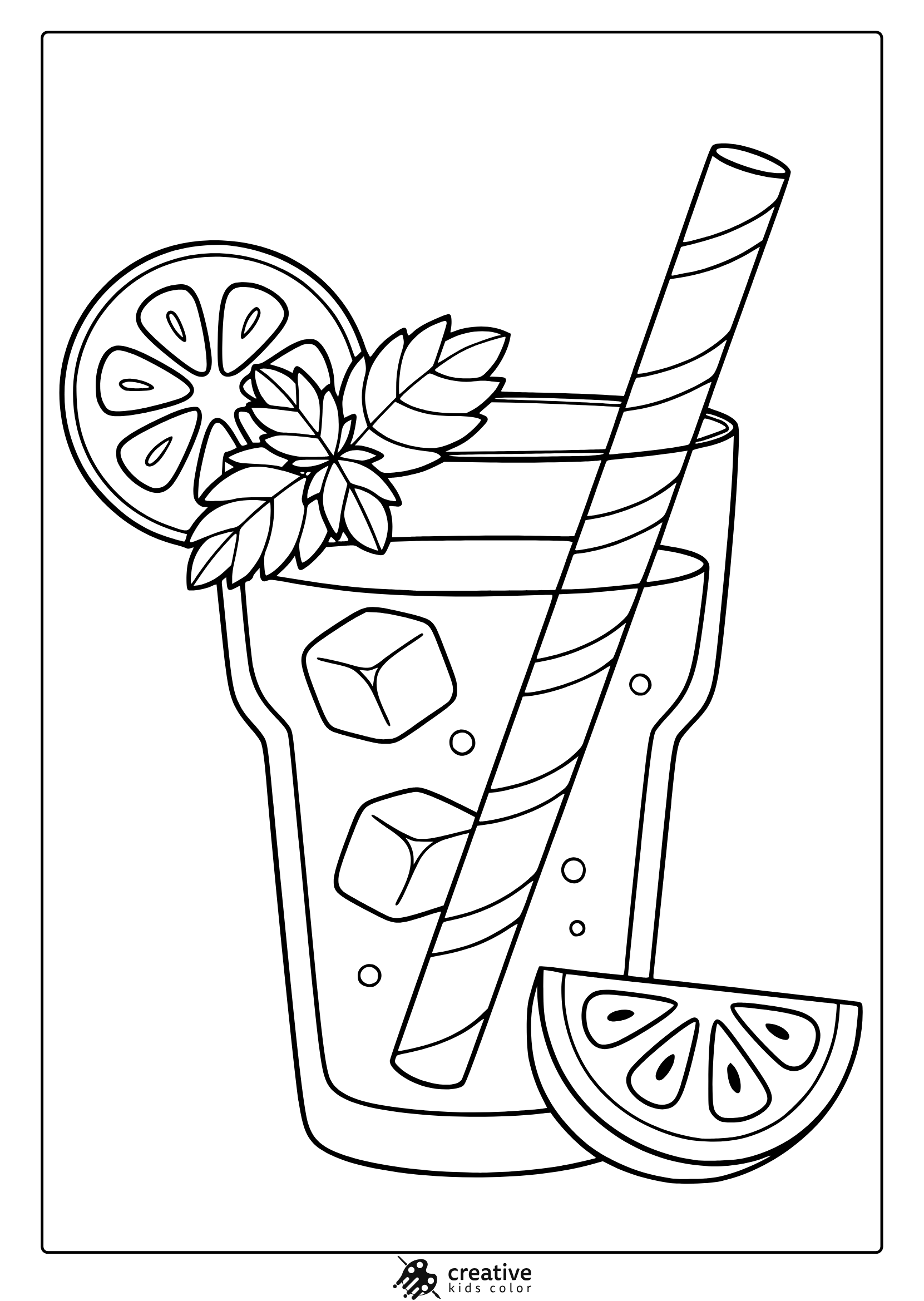 Fresh Lemonade Coloring Page With A Tall Glass, Lemon Slices, And Mint Garnish Details.