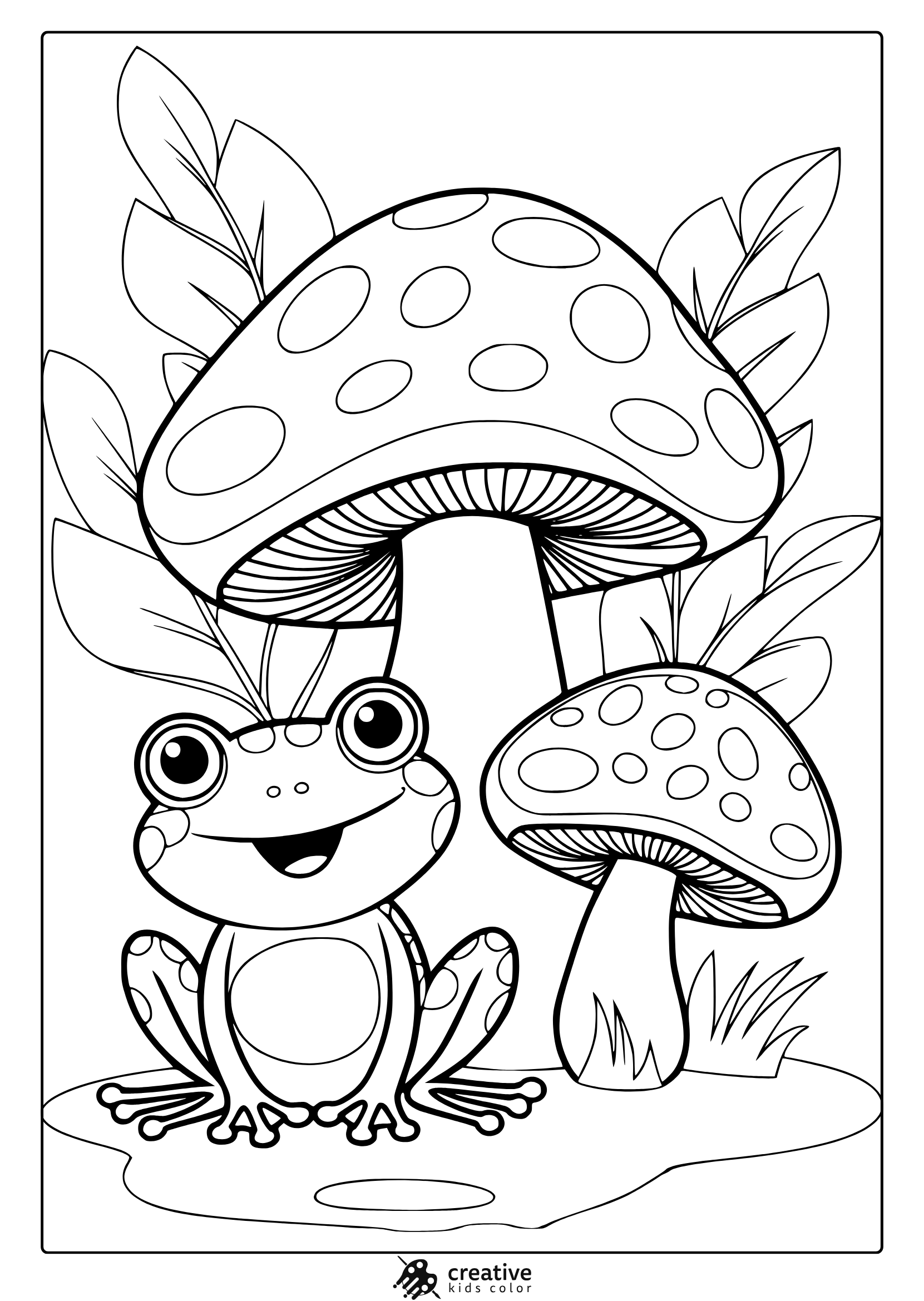 Smiling Frog Beside A Tall Spotted Mushroom In Nature, Captured In This Delightful Coloring Page.
