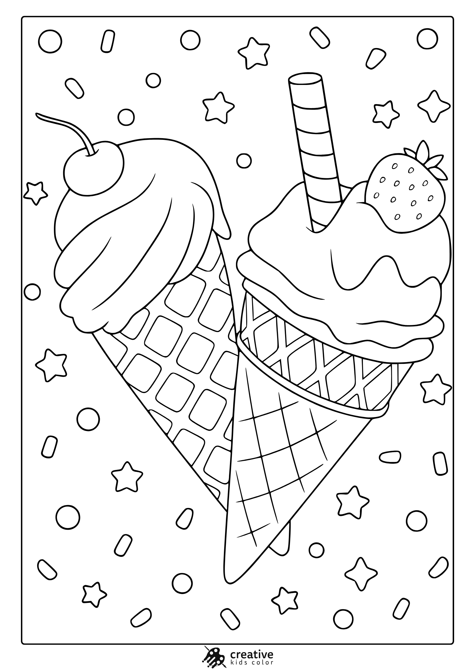 Heart-Shaped Ice Cream Coloring Page With Fruit Toppings And Star Decorations.