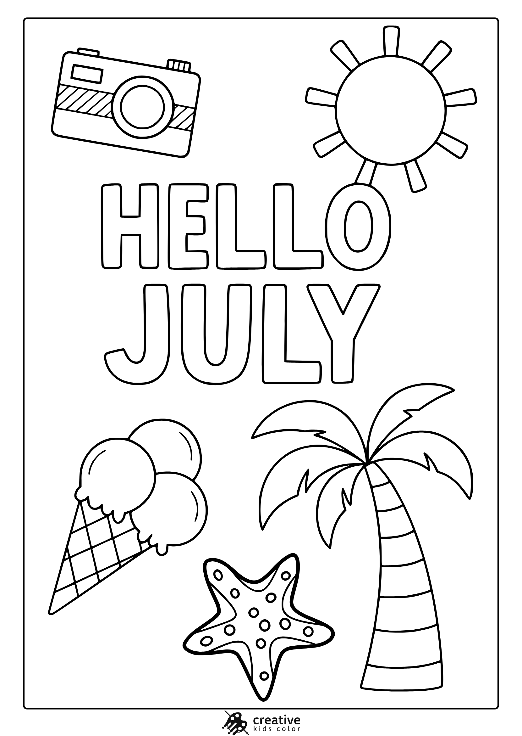 &Quot;Hello July&Quot; Coloring Page With Camera, Ice Cream, Palm Tree, And Starfish In Summer Style.