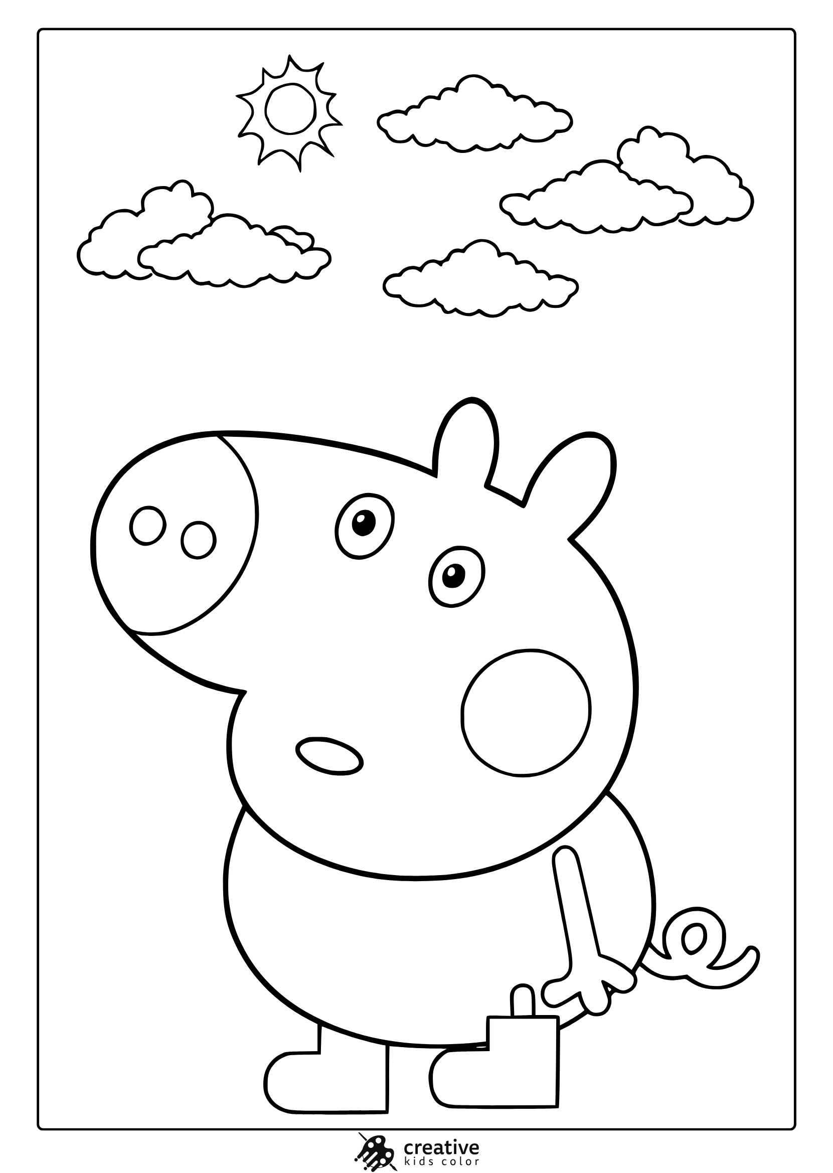George Pig Coloring Page With Sun, Clouds, Boots And Simple Child-Friendly Style.