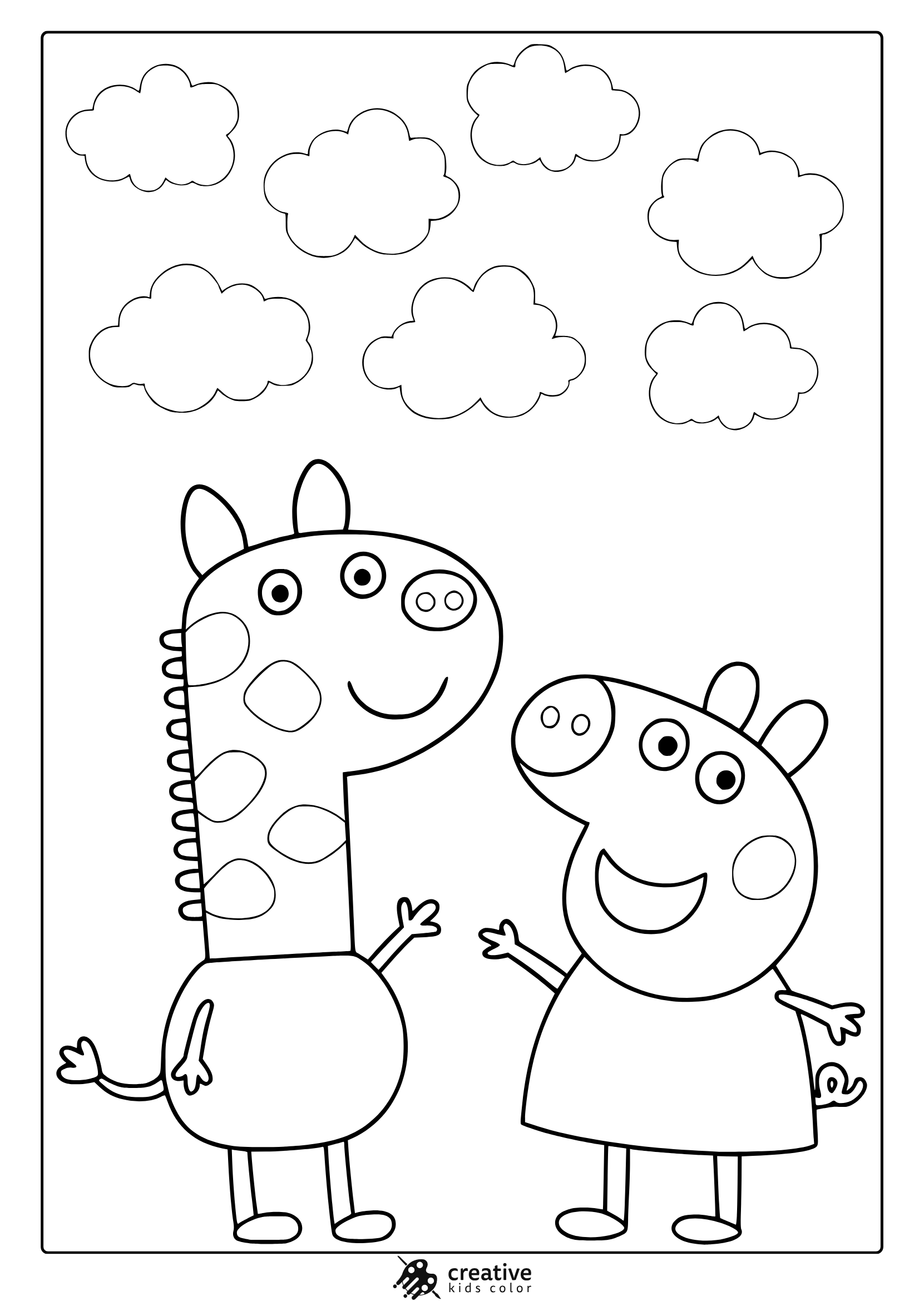 Peppa Pig And Gerald Giraffe Coloring Page With Clouds In Simple Cartoon Style.