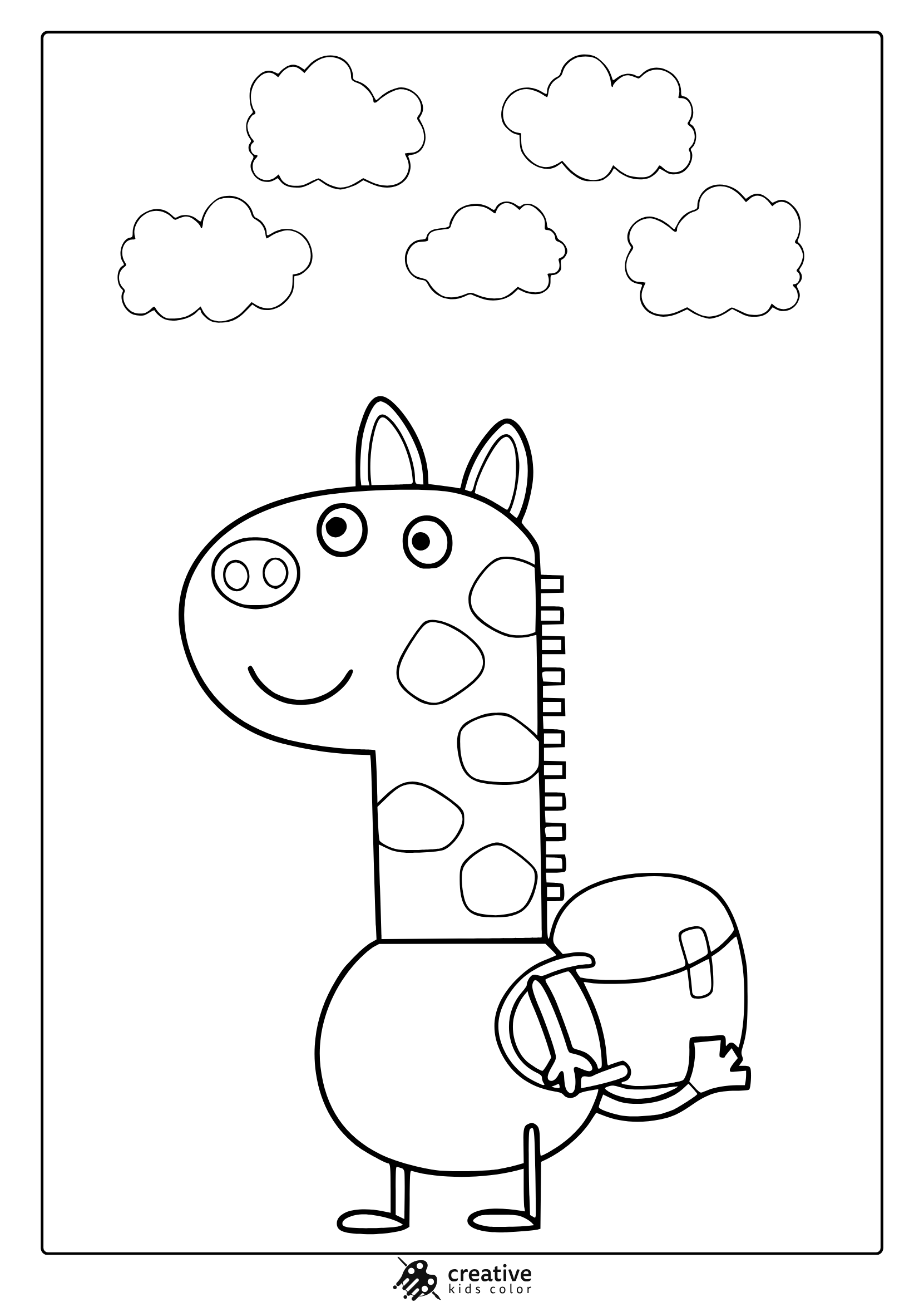 Gerald The Giraffe Coloring Page With Long Neck, Spots, And Clouds Above.