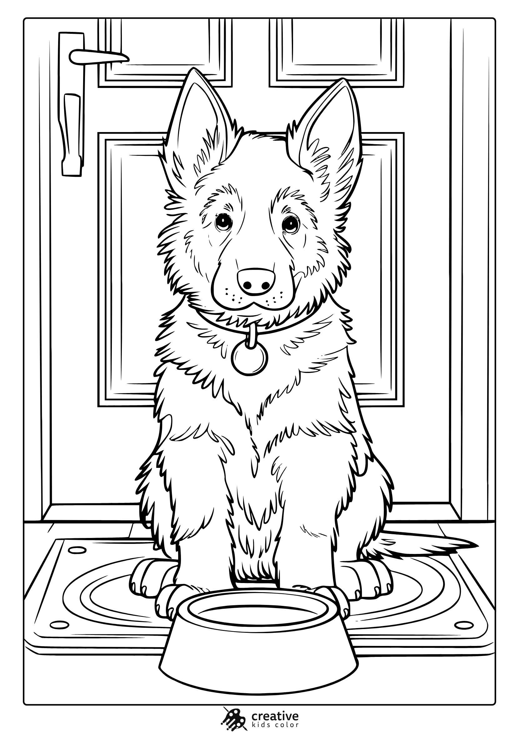 A German Shepherd Puppy In Front Of A Door. A Loyal And Fun German Shepherd Puppy Coloring Page.