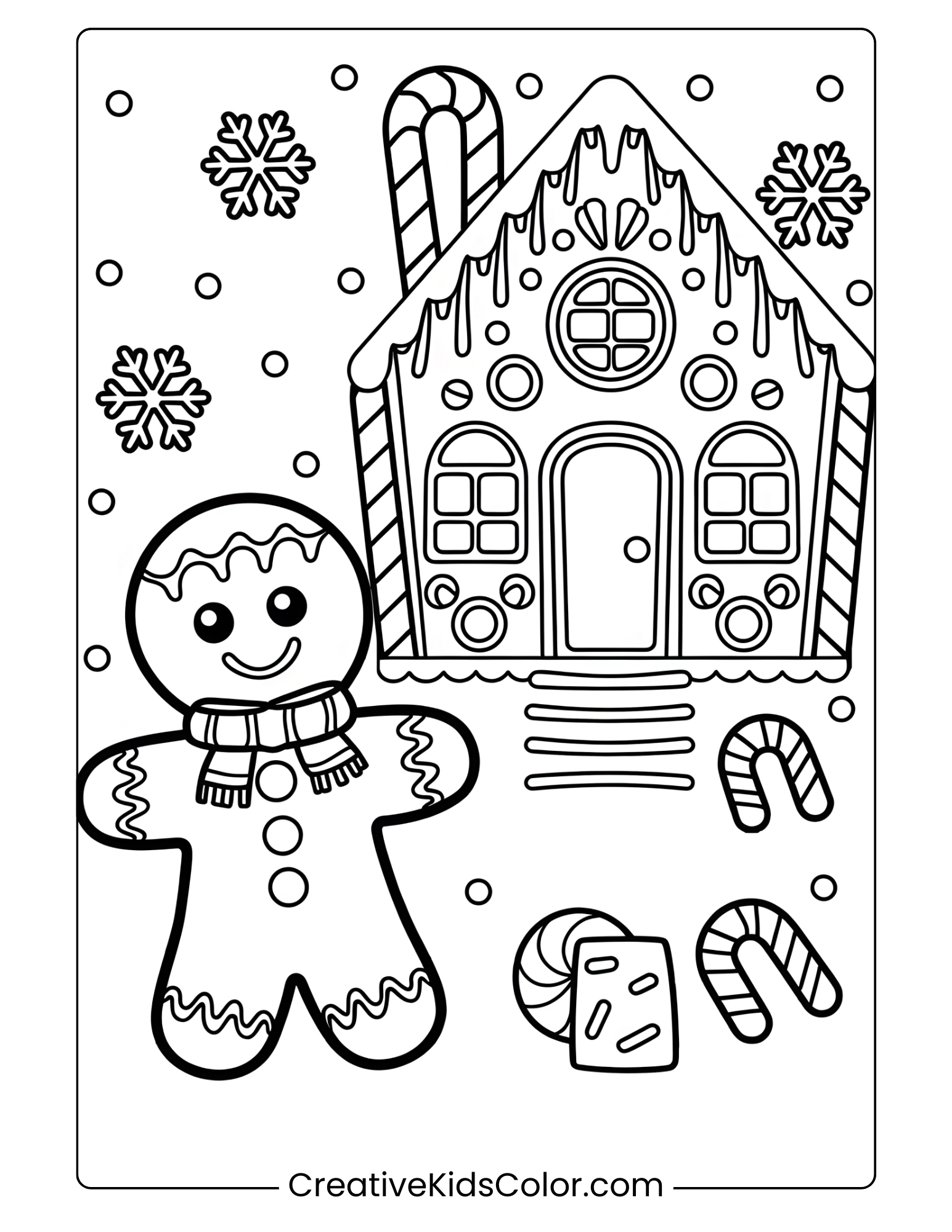 Gingerbread House And A Cheerful Gingerbread Man, Ready To Color For A Christmas-Themed Page.