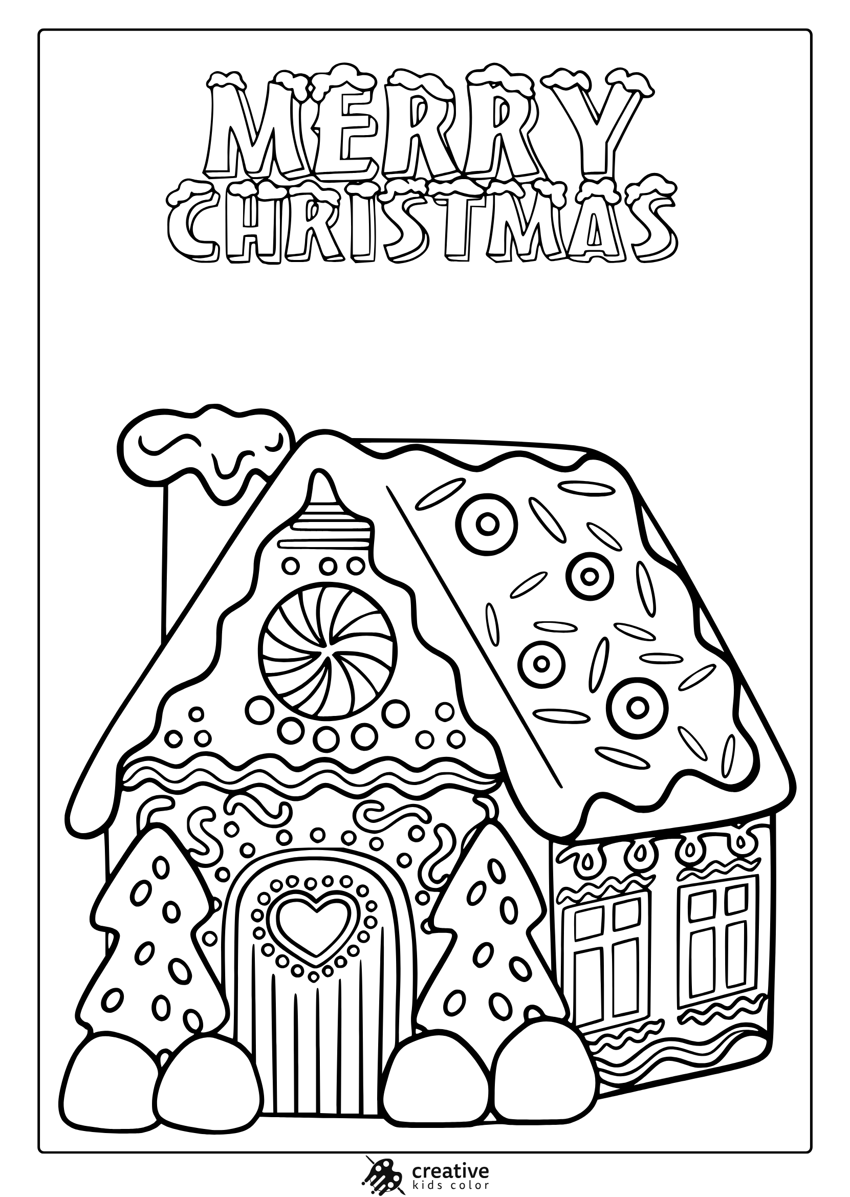 Gingerbread color page with ornaments, crown, and the text of Christmas Christmas.