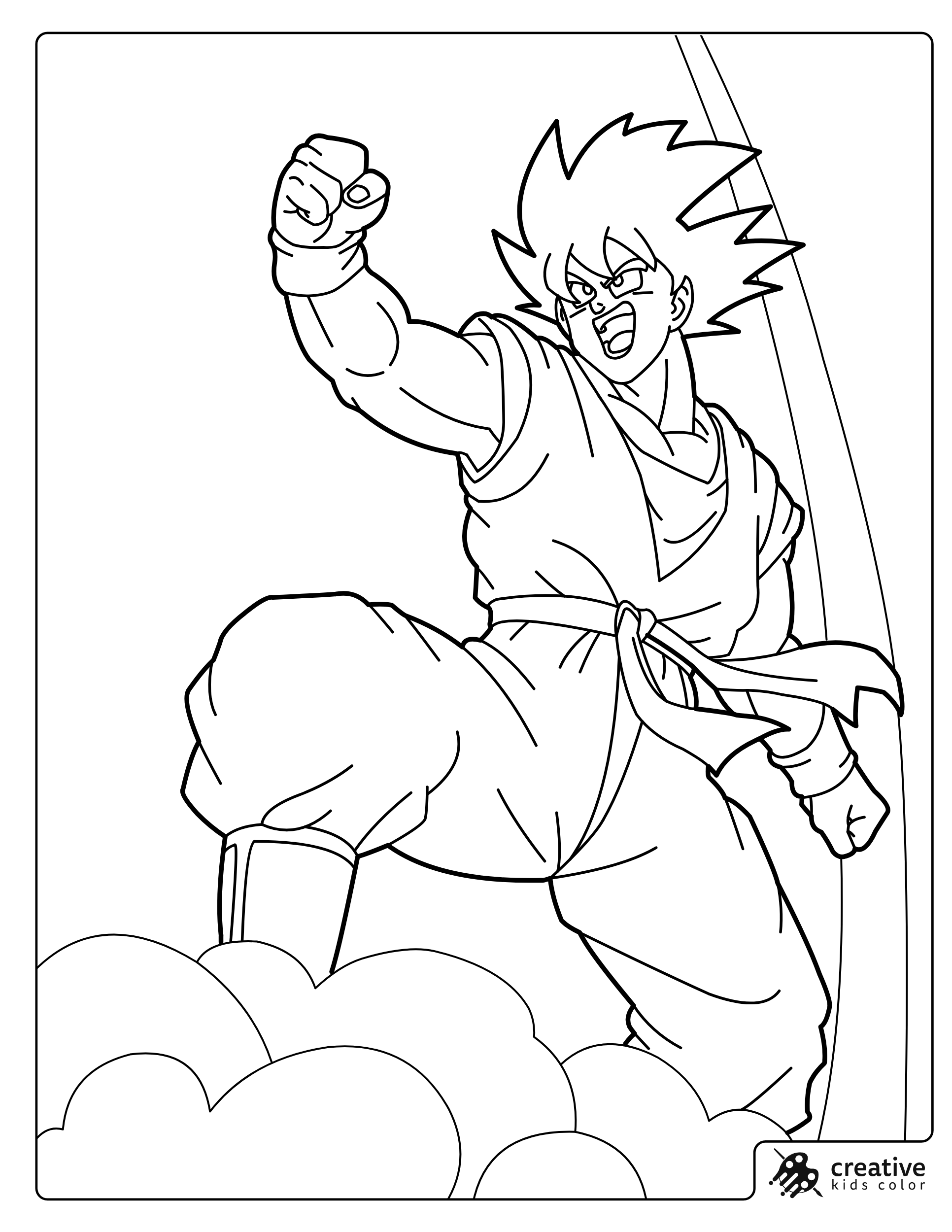 Goku Riding The Flying Nimbus Cloud Coloring Page With One Fist Raised