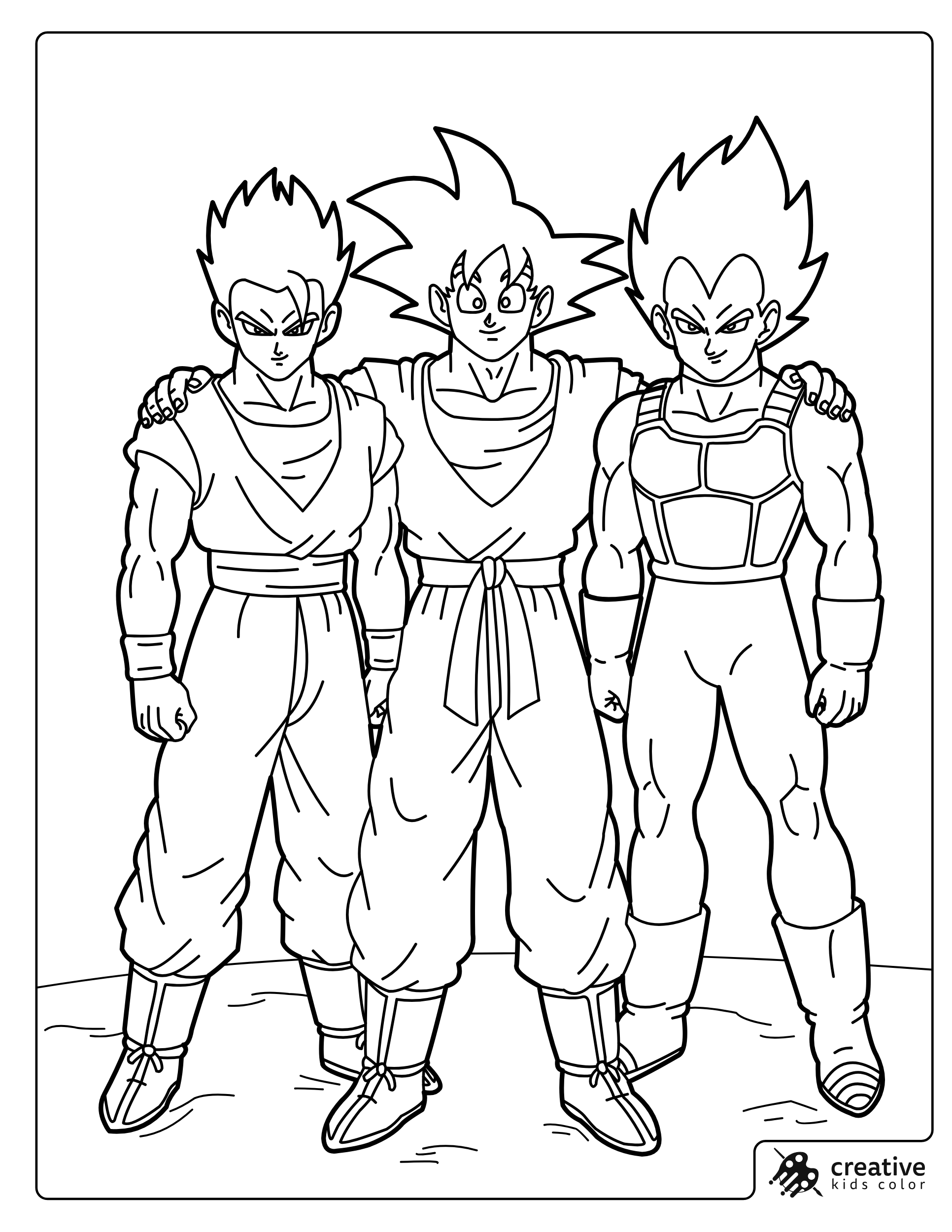 Goku Vegeta And Gohan Standing In Line Coloring Page