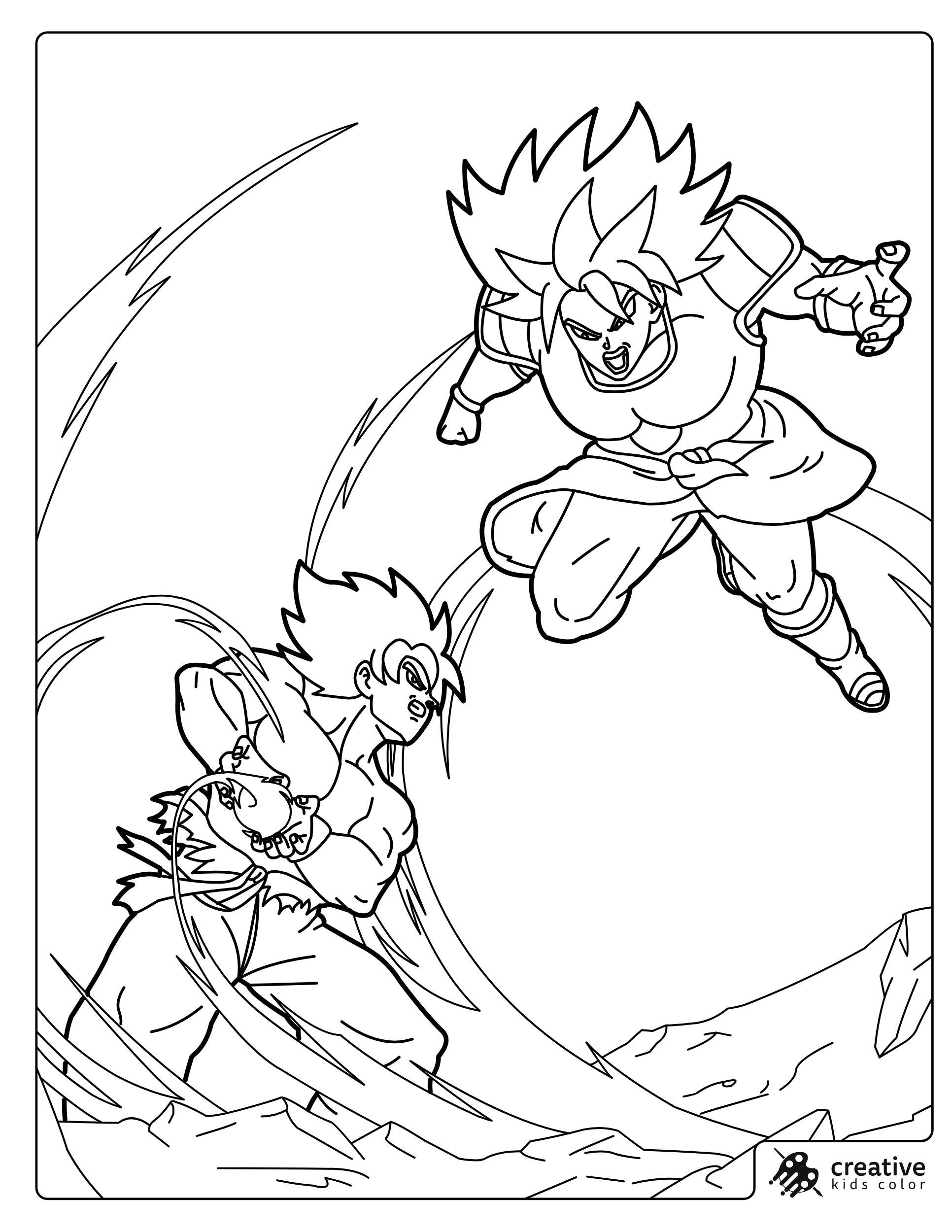 Goku Vs Broly Coloring Page With Both Characters Fighting On The Rocks