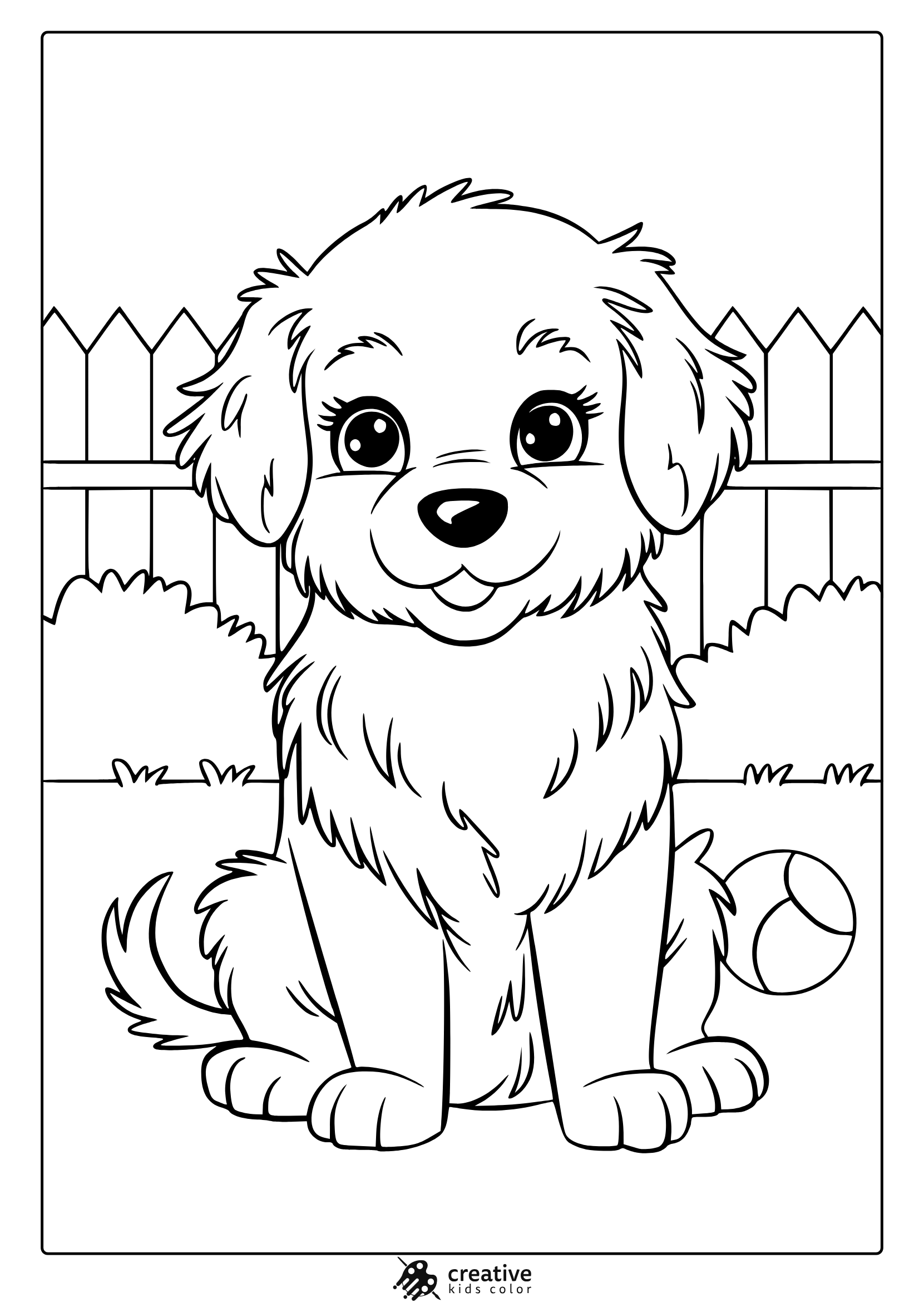 A Fluffy Golden Retriever Puppy Outdoors With A Ball. A Delightful Golden Retriever Puppy Coloring Page For Dog Lovers.