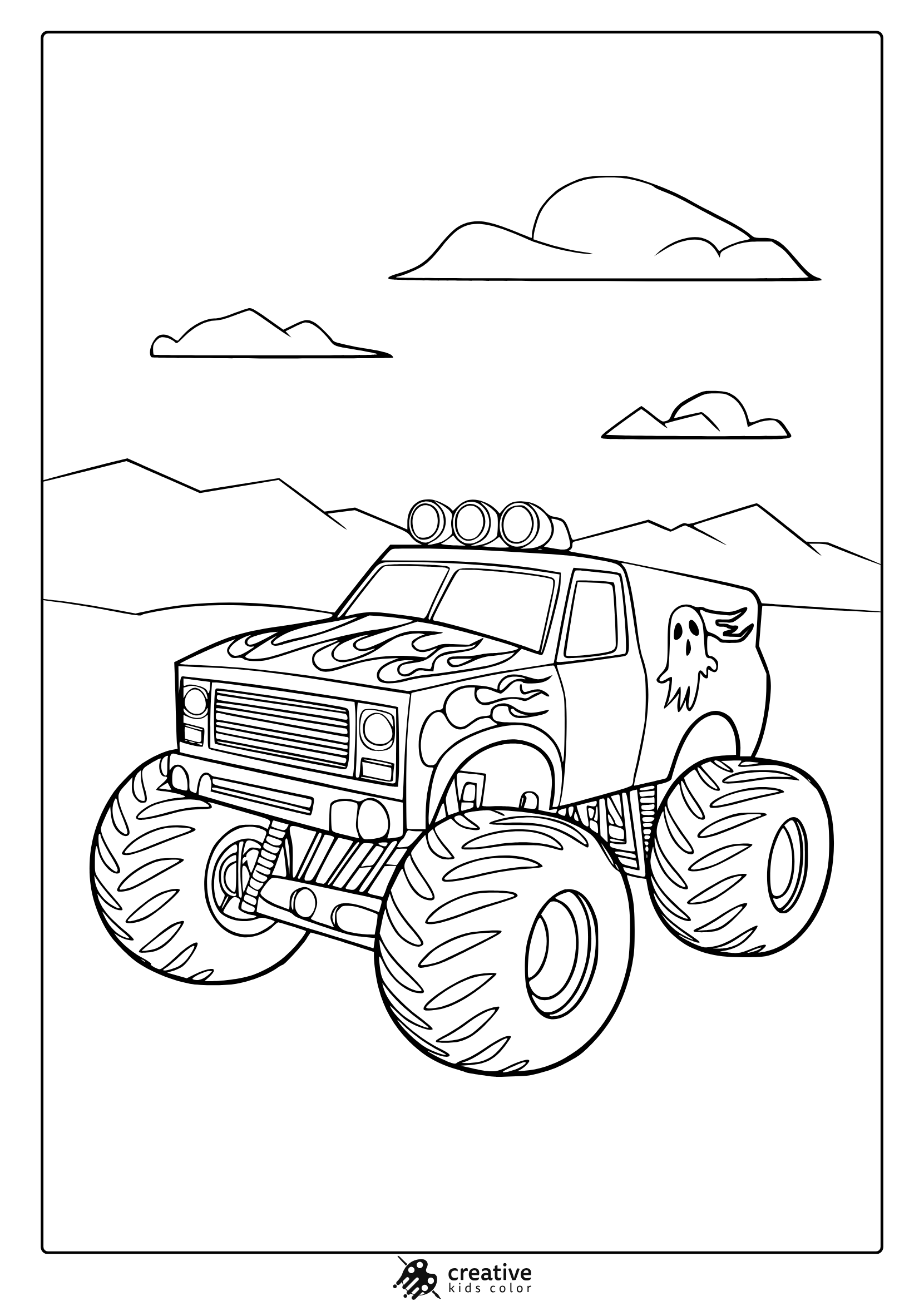 Grave Digger Monster Truck With Flame And Ghost Design, Spooky And Adventurous Coloring Page For Kids.