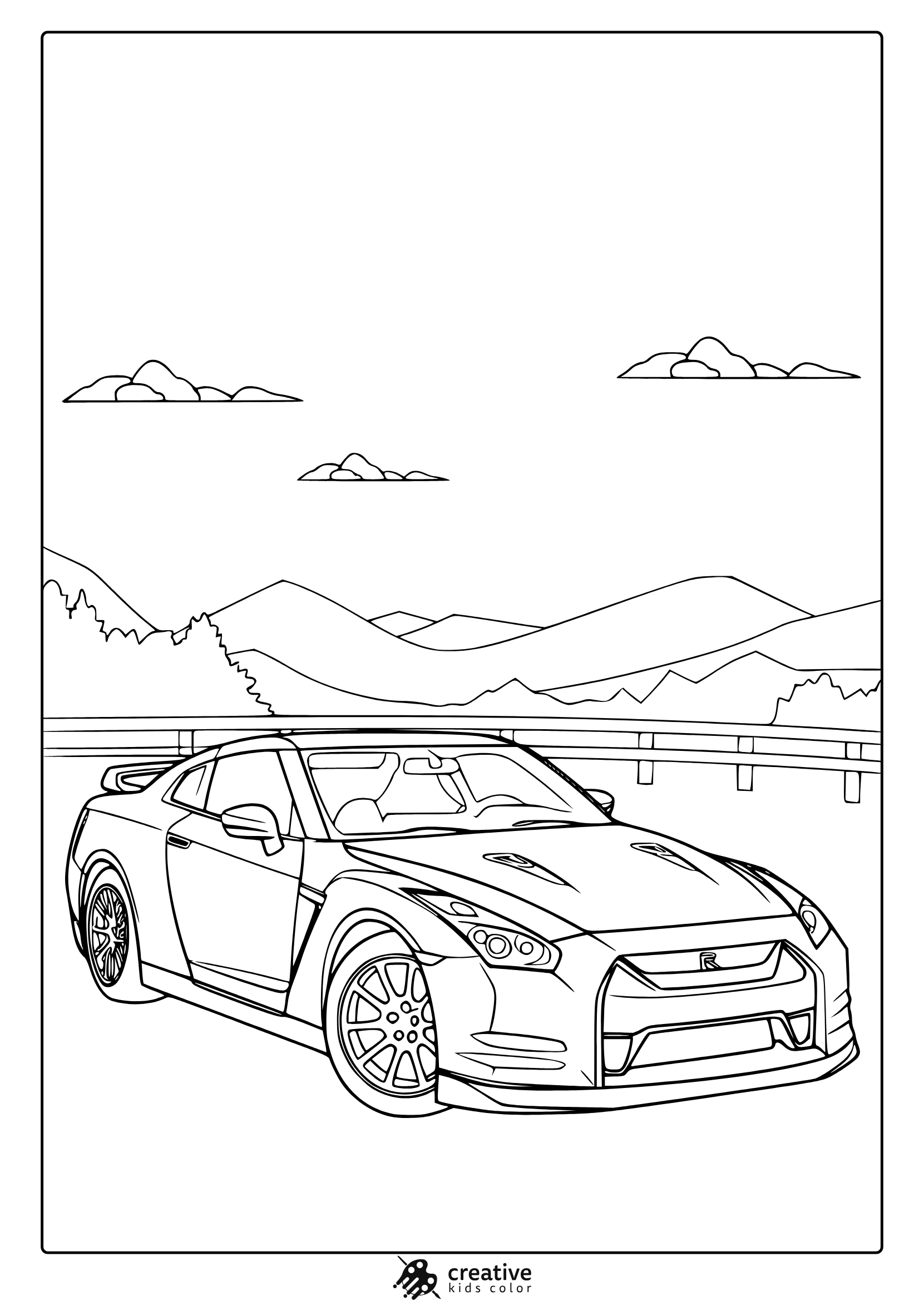 A Gtr Sports Car On A Road With Rolling Hills, A Sleek Gtr Coloring Page.
