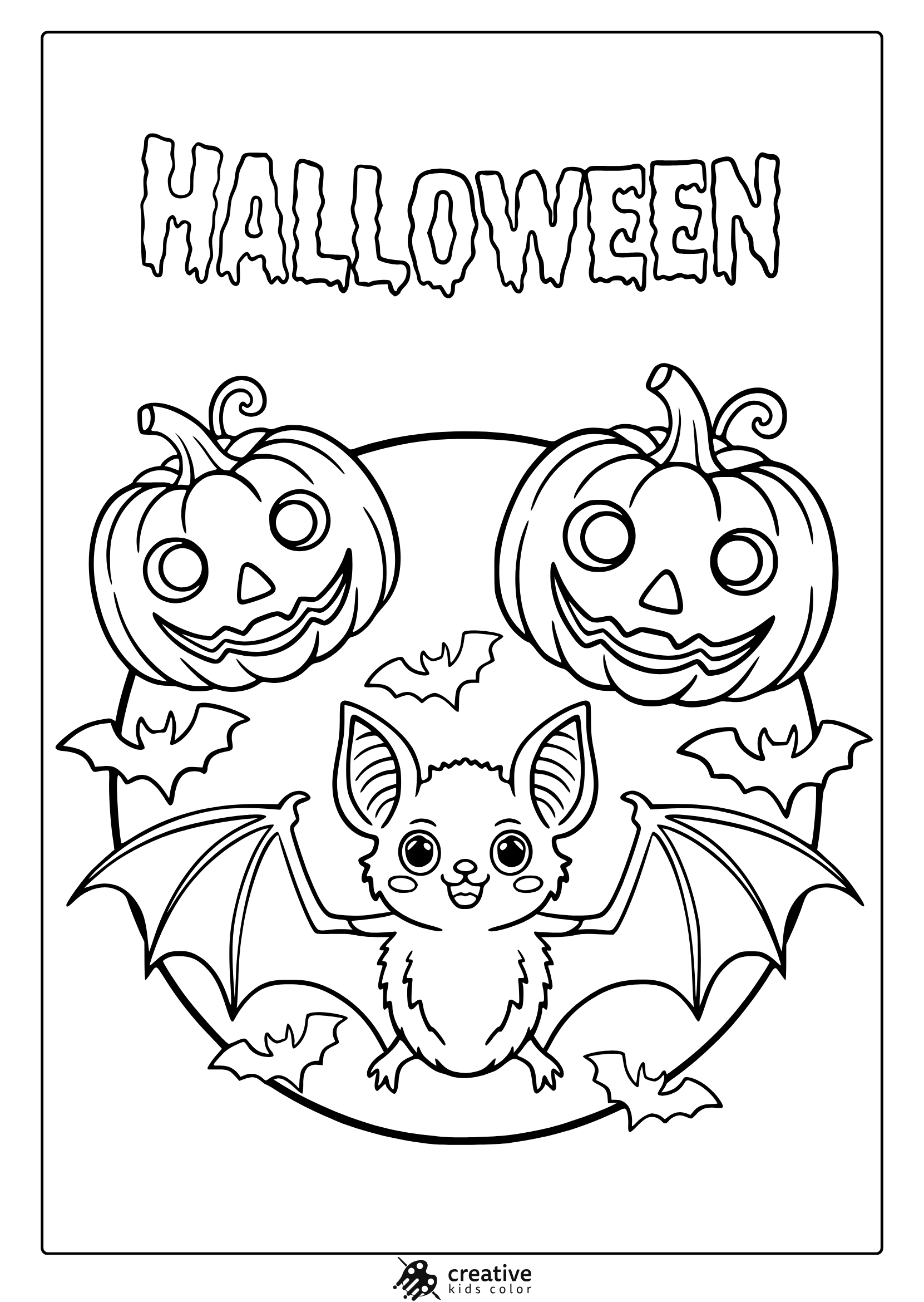 Halloween bat coloring page with central cartoon bat, smiling pumpkins and spooky “Halloween” text above.