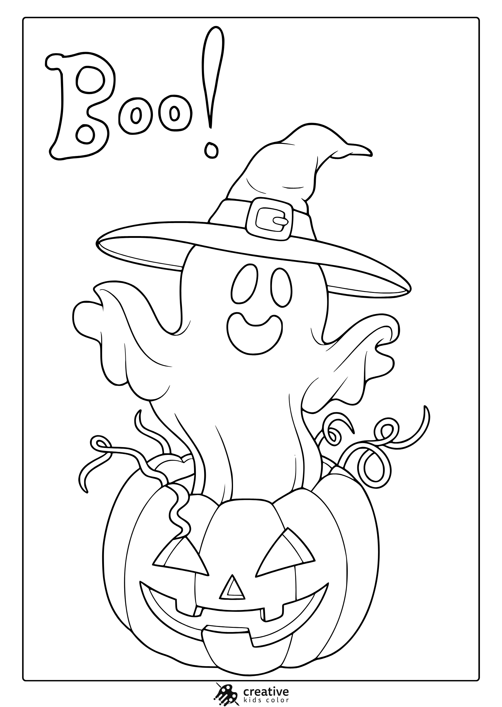 Halloween ghost coloring page with smiling ghost in witch hat emerging from pumpkin and “Boo!” text.