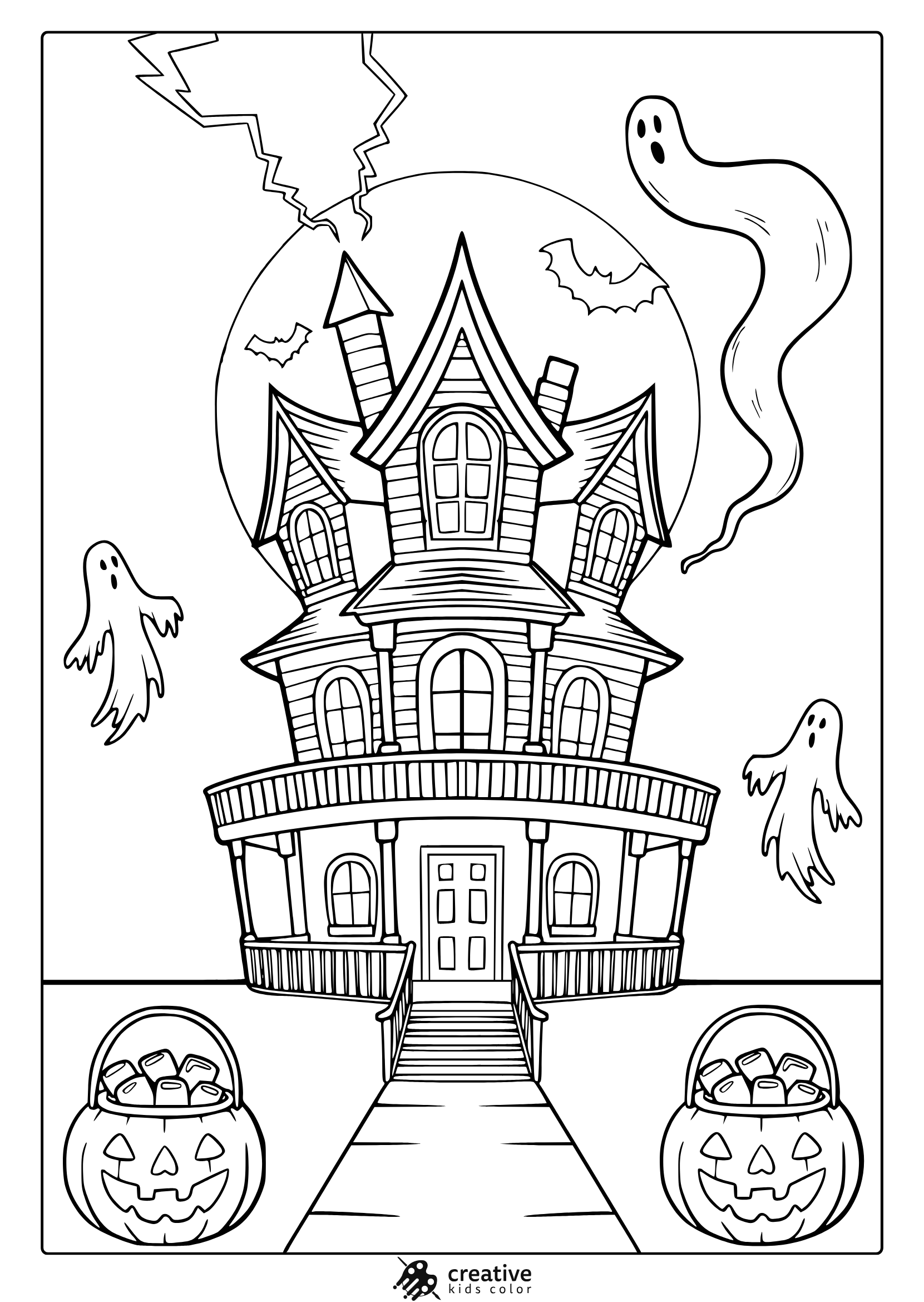 Halloween haunted house coloring page with Victorian house, ghosts, bats, moon and pumpkin candy baskets.