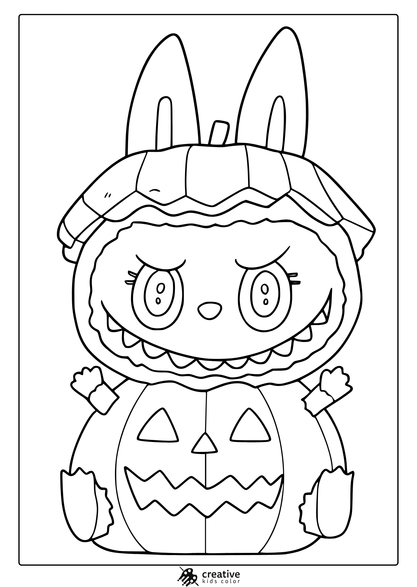 Labubu In A Pumpkin Costume With Bunny Ears And Toothy Grin In A Halloween Coloring Page.
